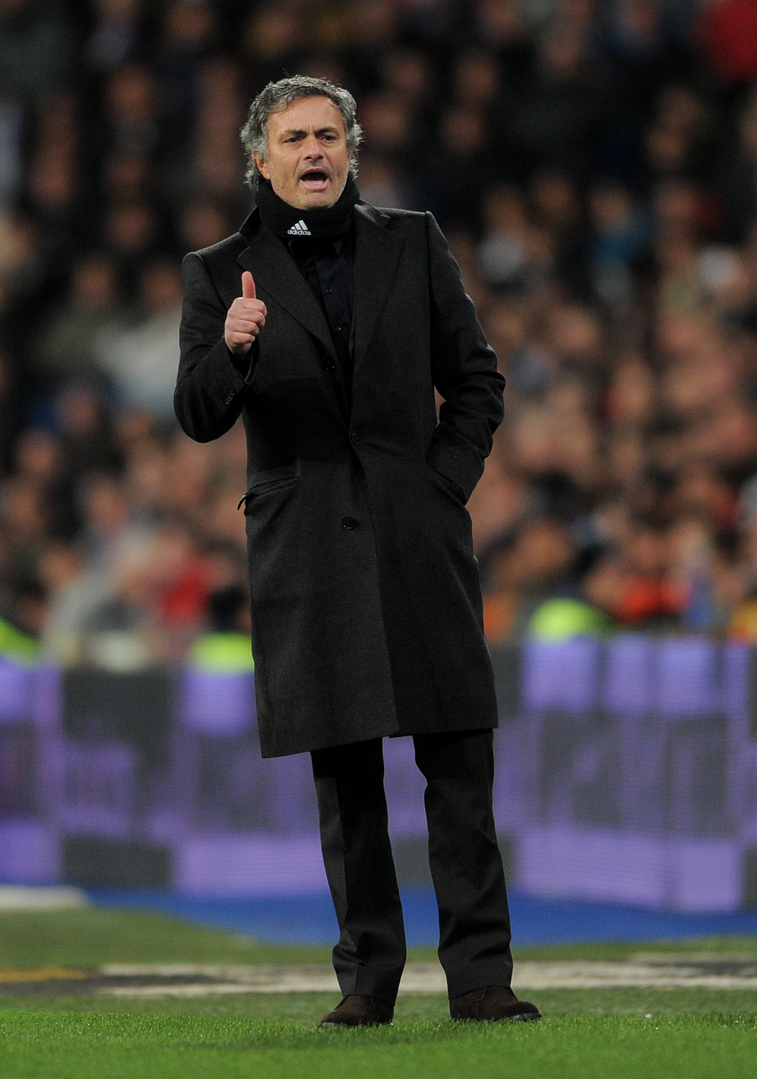 MADRID, SPAIN - FEBRUARY 02:  Head coach Jose Mourinho of Real Madrid reacts  during the semi-final Copa del Rey second leg match between Real Madrid and Sevilla at Estadio Santiago Bernabeu on February 2, 2011 in Madrid, Spain.  (Photo by Jasper Juinen/G