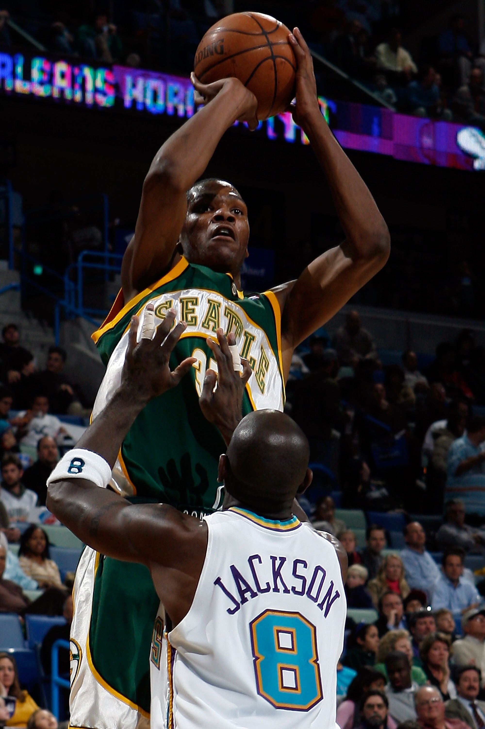 NEW ORLEANS - JANUARY 16:  Kevin Durant #35 of the Seattle SuperSonics makes a shot over Bobby Jackson #8 the New Orleans Hornets on January 16, 2008 at the New Orleans Arena in New Orleans, Louisiana.  The Hornets defeated the Sonics 123-92.    NOTE TO U