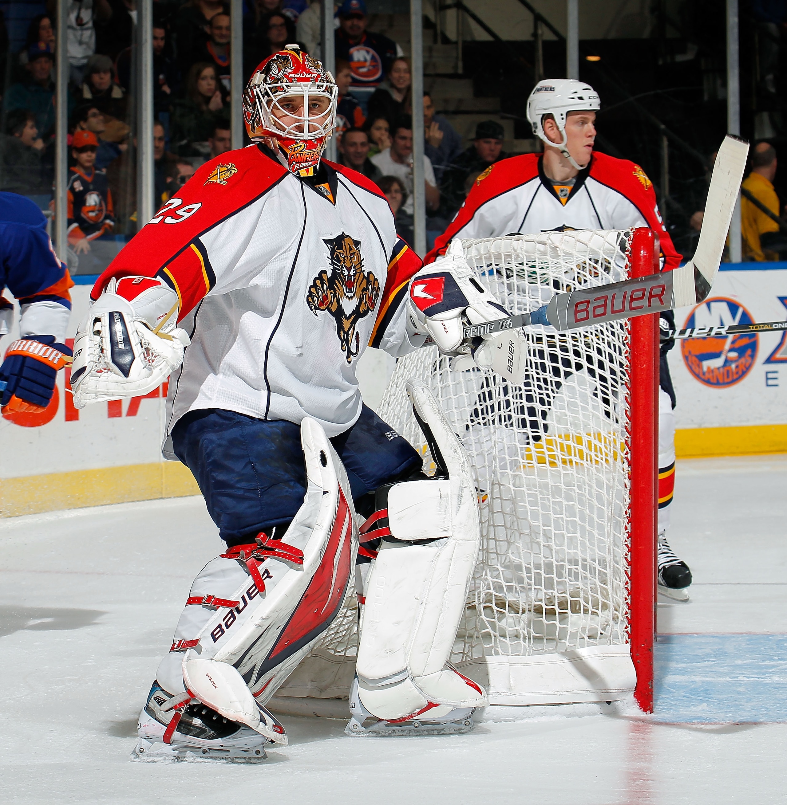 UNIONDALE, NY - FEBRUARY 21:  Goalie Tomas Vokoun #29 of the Florida Panthers comes out of the net during an NHL hockey game against the New York Islanders at the Nassau Coliseum on February 21, 2011 in Uniondale, New York.  (Photo by Paul Bereswill/Getty