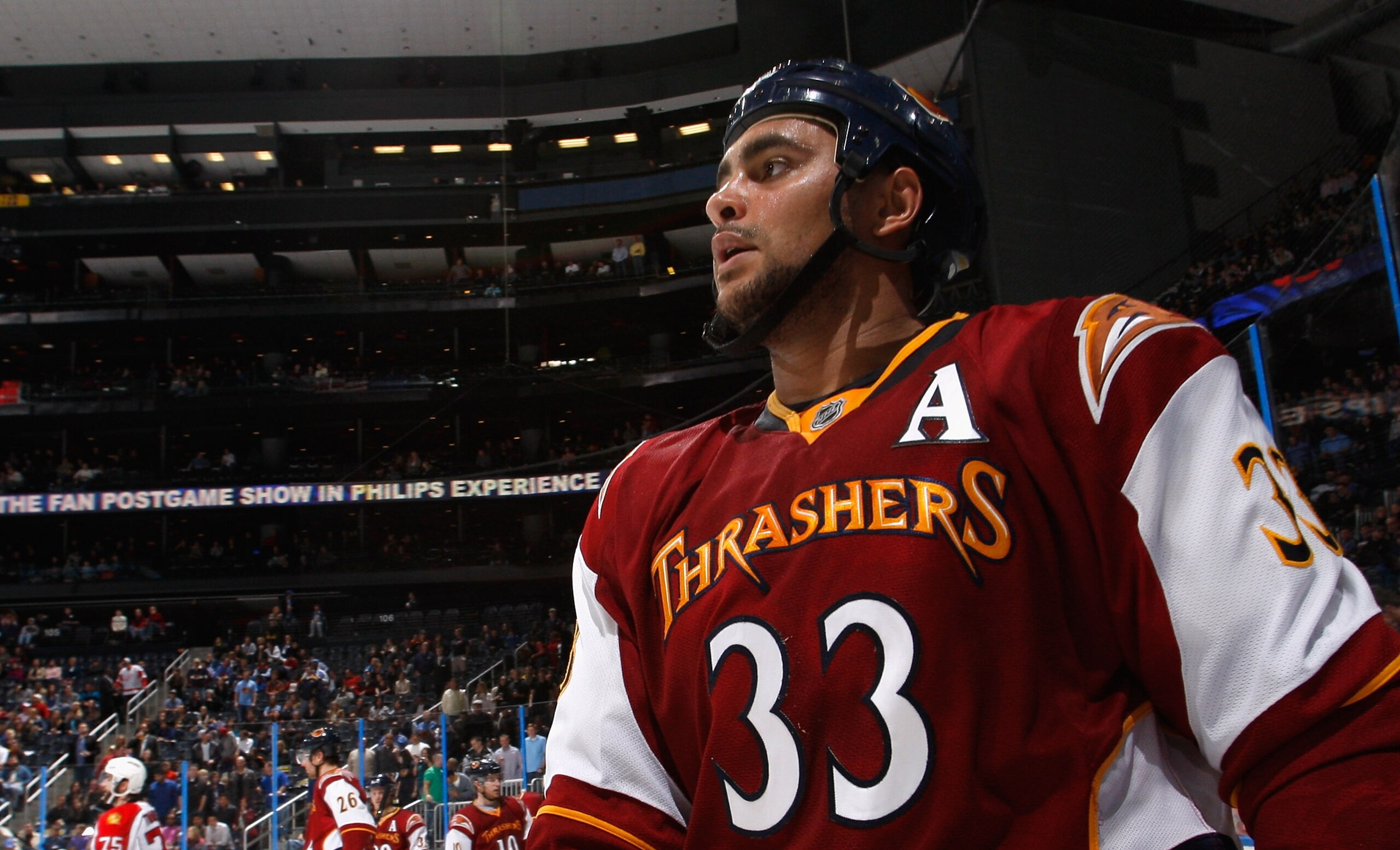 ATLANTA, GA - FEBRUARY 25:  Dustin Byfuglien #33 of the Atlanta Thrashers skates during a stoppage in play against the Florida Panthers at Philips Arena on February 25, 2011 in Atlanta, Georgia.  (Photo by Kevin C. Cox/Getty Images)