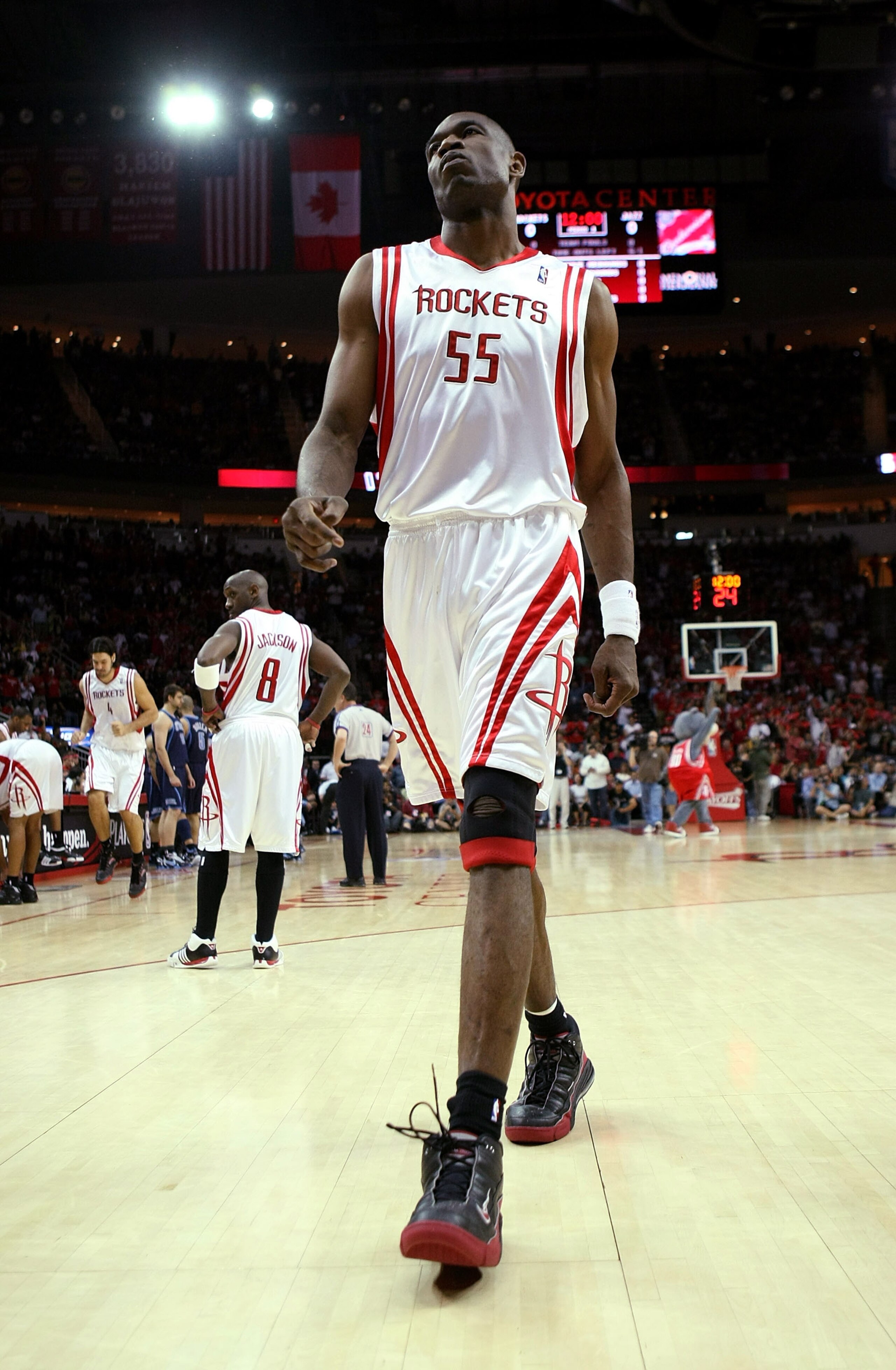 HOUSTON - APRIL 21:  Dikembe Mutombo #55 of the Houston Rockets walks on the floor before the tipoff of Game Two of the Western Conference Quarterfinals against the Utah Jazz during the 2008 NBA Playoffs at the Toyota Center April 21, 2008 in Houston, Tex