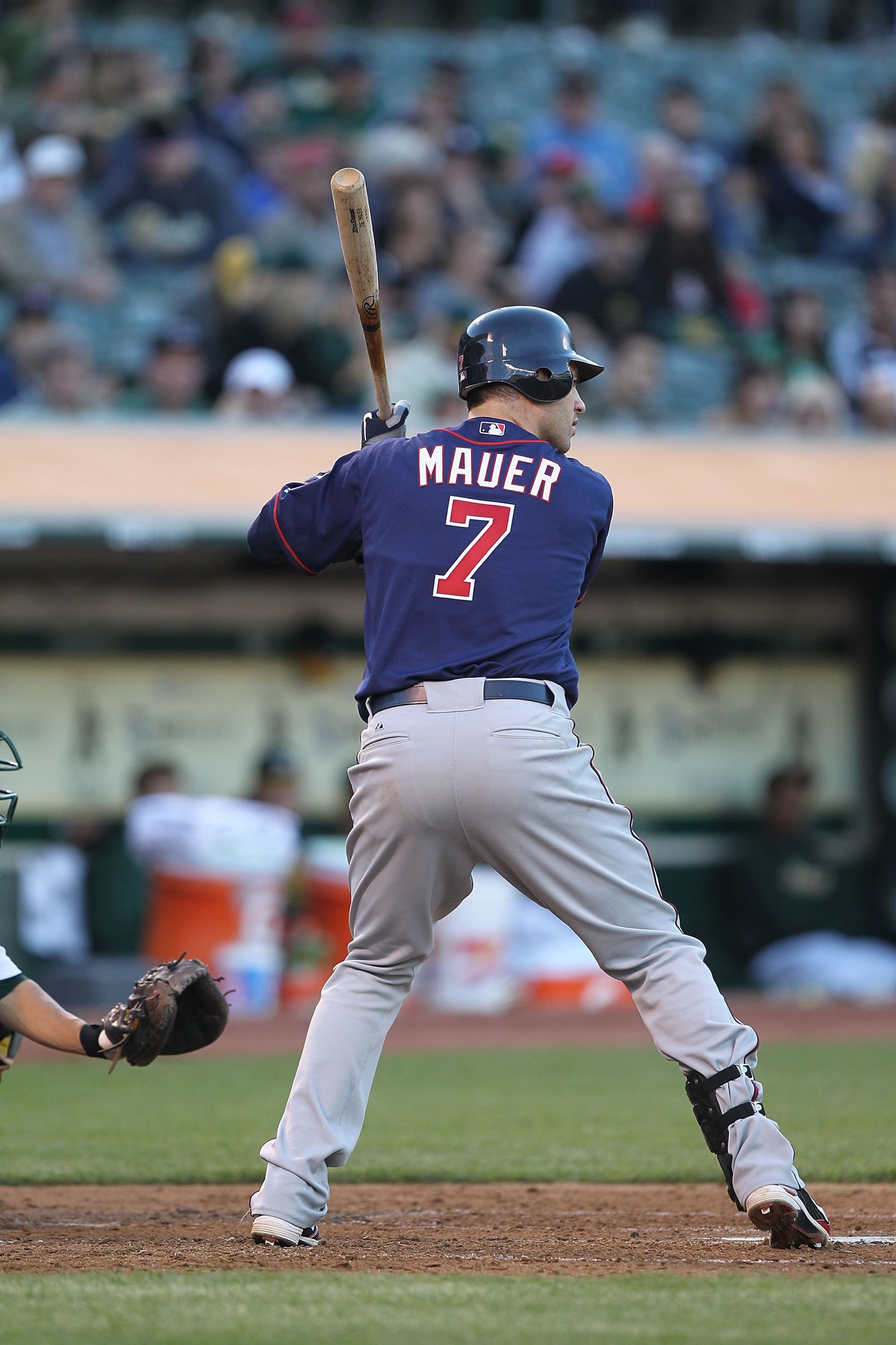 OAKLAND, CA - JUNE 04:  Joe Mauer #7 of the Minnesota Twins bats against the Oakland Athletics during an MLB game at the Oakland-Alameda County Coliseum on June 4, 2010 in Oakland, California.  (Photo by Jed Jacobsohn/Getty Images)
