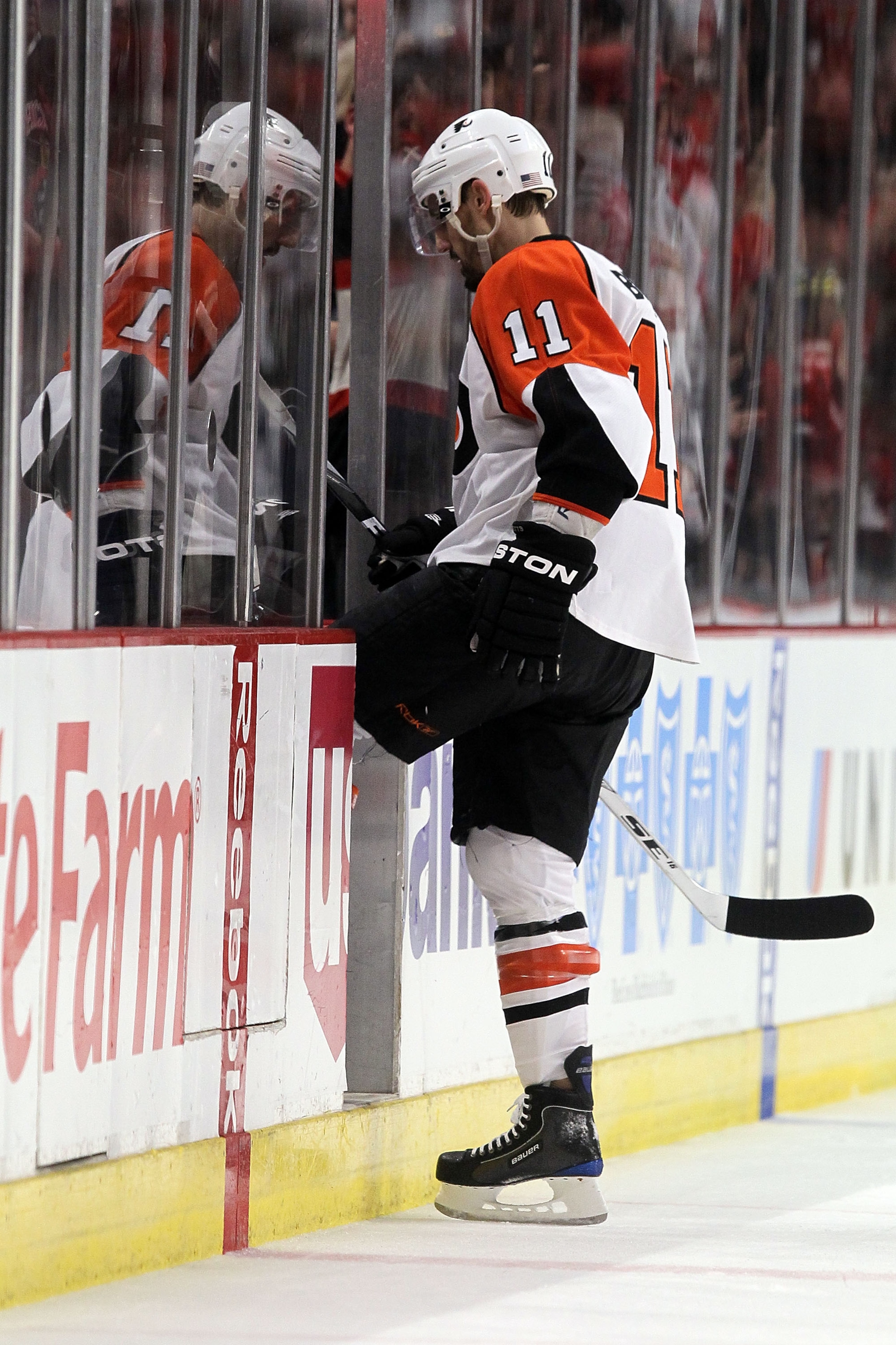 CHICAGO - MAY 31:  Blair Betts #11 of the Philadelphia Flyers heads to the penalty box for a cross check in the first period while taking on the Chicago Blackhawks in Game Two of the 2010 NHL Stanley Cup Final at the United Center on May 31, 2010 in Chica