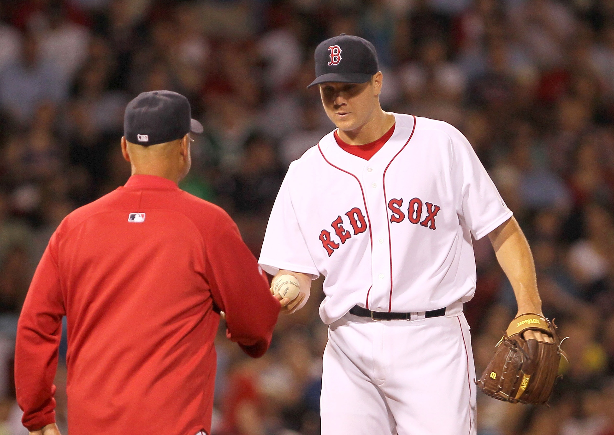BOSTON - APRIL 07:  Pitcher Jonathan Papelbon #58 of the Boston Red Sox leaves in the 10th inning against the New York Yankees at Fenway Park on April 7, 2010 in Boston, Massachusetts. (Photo by Jim Rogash/Getty Images)