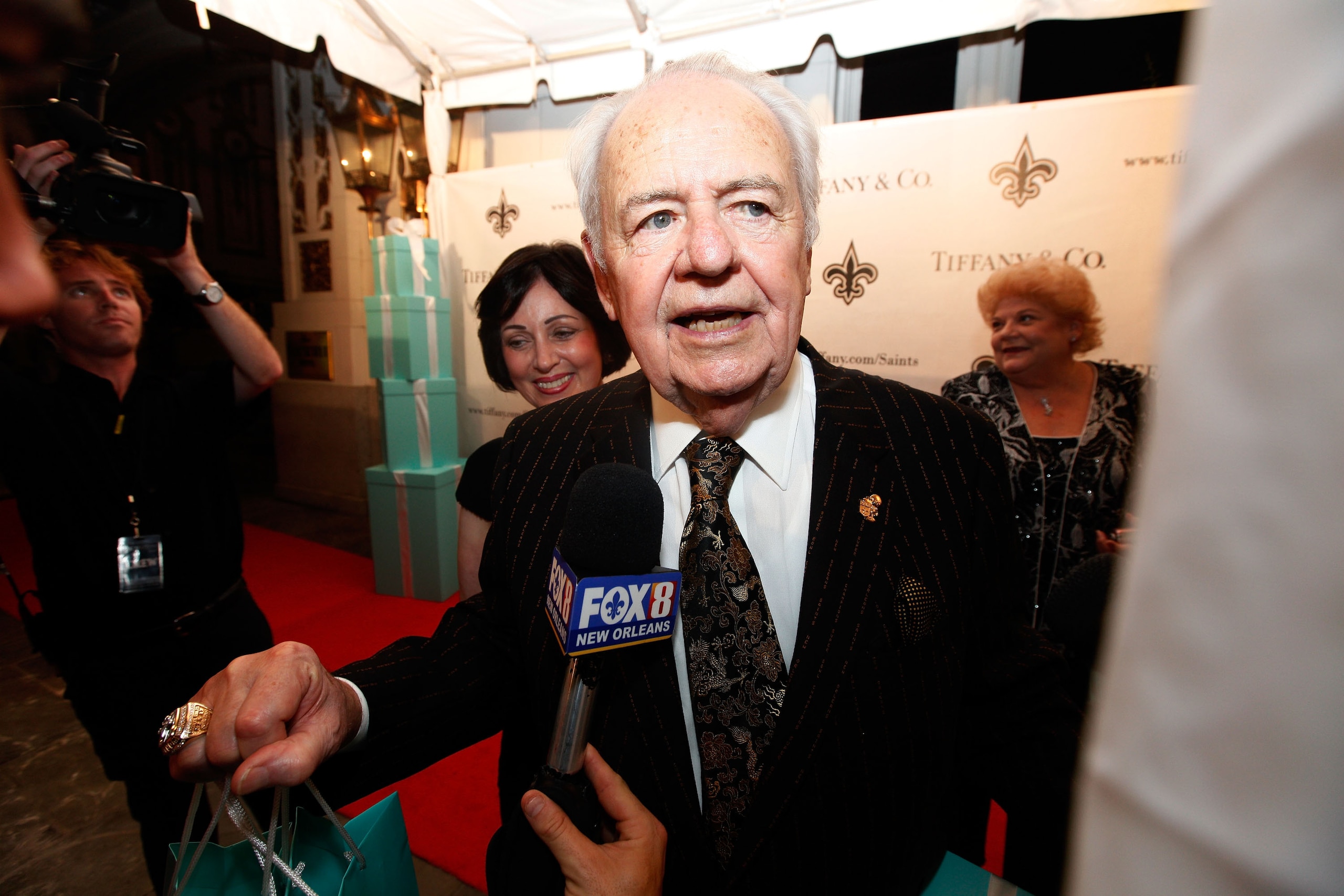NEW ORLEANS - JUNE 16:  Team owner of the New Orleans Saints Tom Benson talks to the media after receiving his ring from Super Bowl XLIV on June 16, 2010 in New Orleans, Louisiana.  (Photo by Chris Graythen/Getty Images)