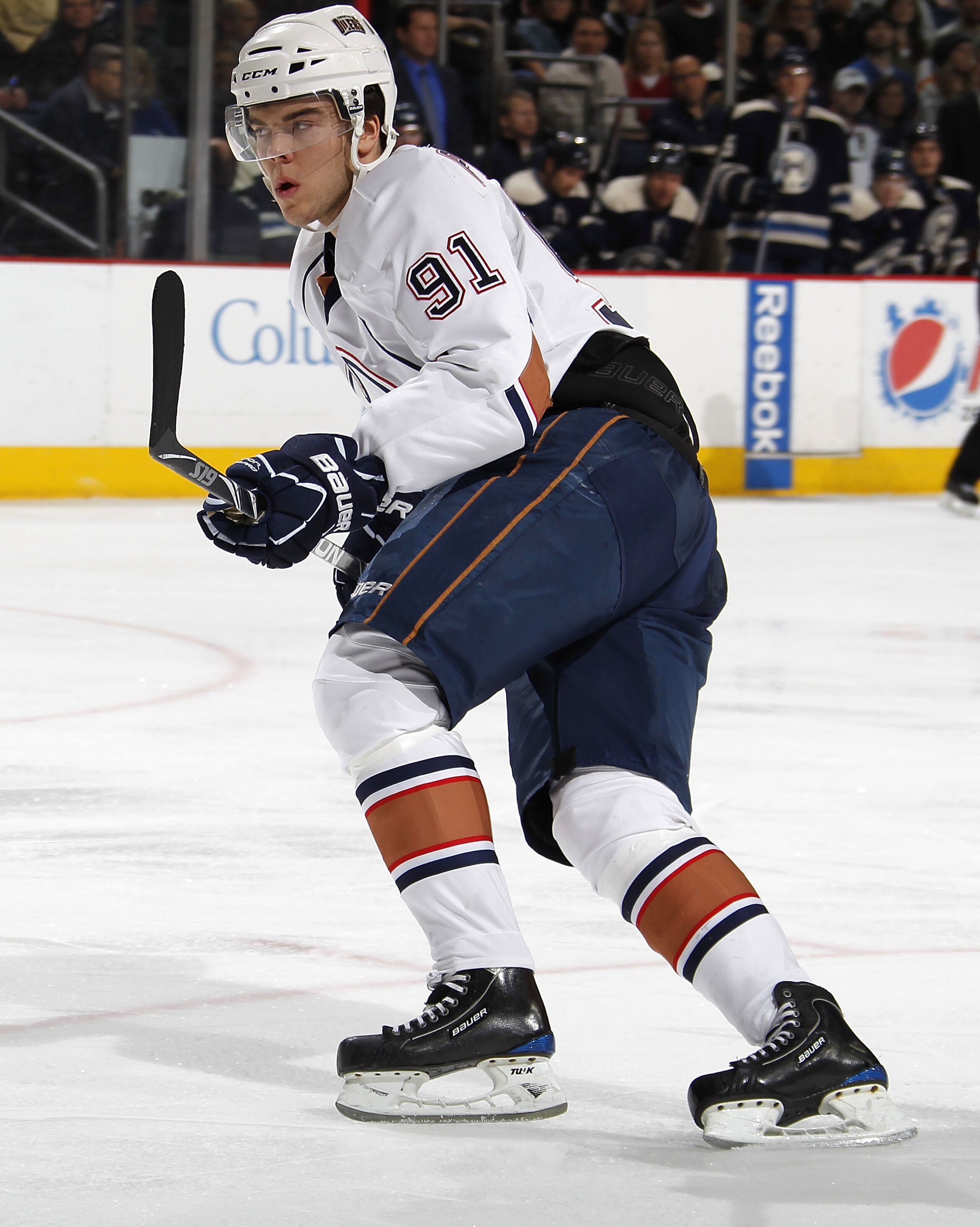 COLUMBUS, OH - FEBRUARY 05: Magnus Paajarvi #91 of the Edmonton Oilers skates against the Columbus Blue Jackets at Nationwide Arena on February 5, 2011 in Columbus, Ohio.  (Photo by Gregory Shamus/Getty Images)