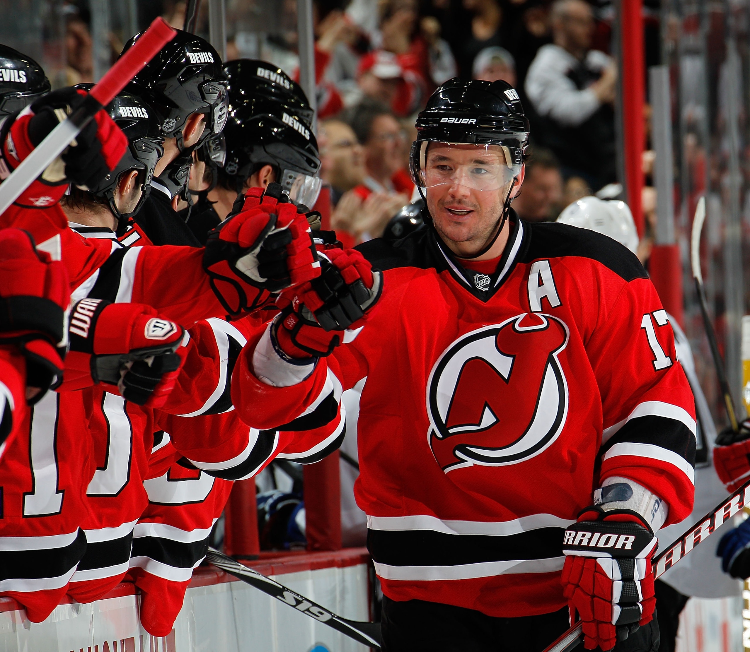NEWARK, NJ - MARCH 02:  Ilya Kovalchuk #17 of the New Jersey Devils celebrates scoring what turned out to be the winning goal during the third period of an NHL hockey game against the Tampa Bay Lightning at the Prudential Center on March 2, 2011 in Newark