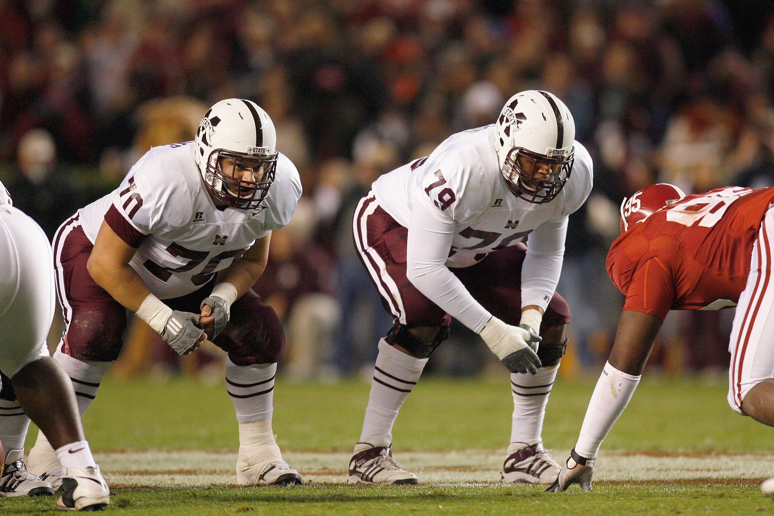 TUSCALOOSA, AL - NOVEMBER 15:  J.C. Brignone #70 and Derek Sherrod #79of the Mississippi State Bulldogs get ready on the line of scrimmage during the game against the Alabama Crimson Tide at Bryant-Denny Stadium on November 15, 2008 in Tuscaloosa, Alabama