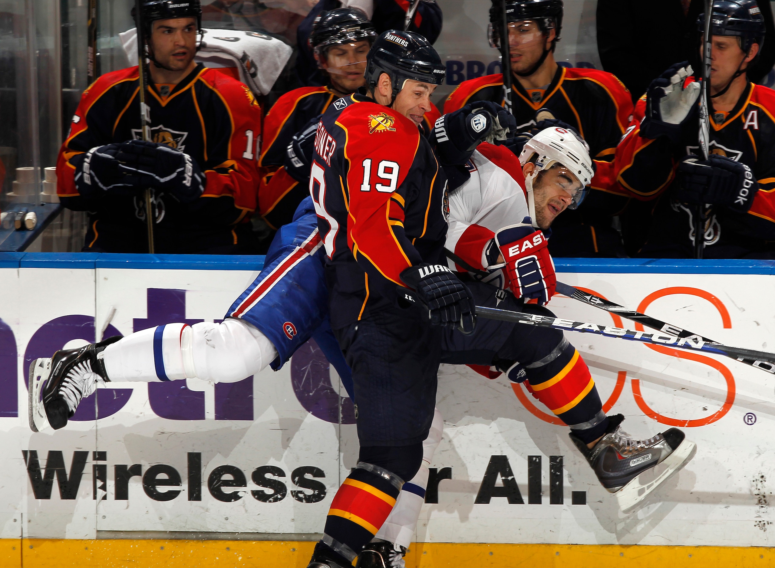 SUNRISE, FL - MARCH 3: Max Pacioretty #67 of the Montreal Canadiens is checked by Marty Reasoner #19 of the Florida Panthers on March 3, 2011 at the BankAtlantic Center in Sunrise, Florida. The Canadiens defeated the Panthers 4-0. (Photo by Joel Auerbach/