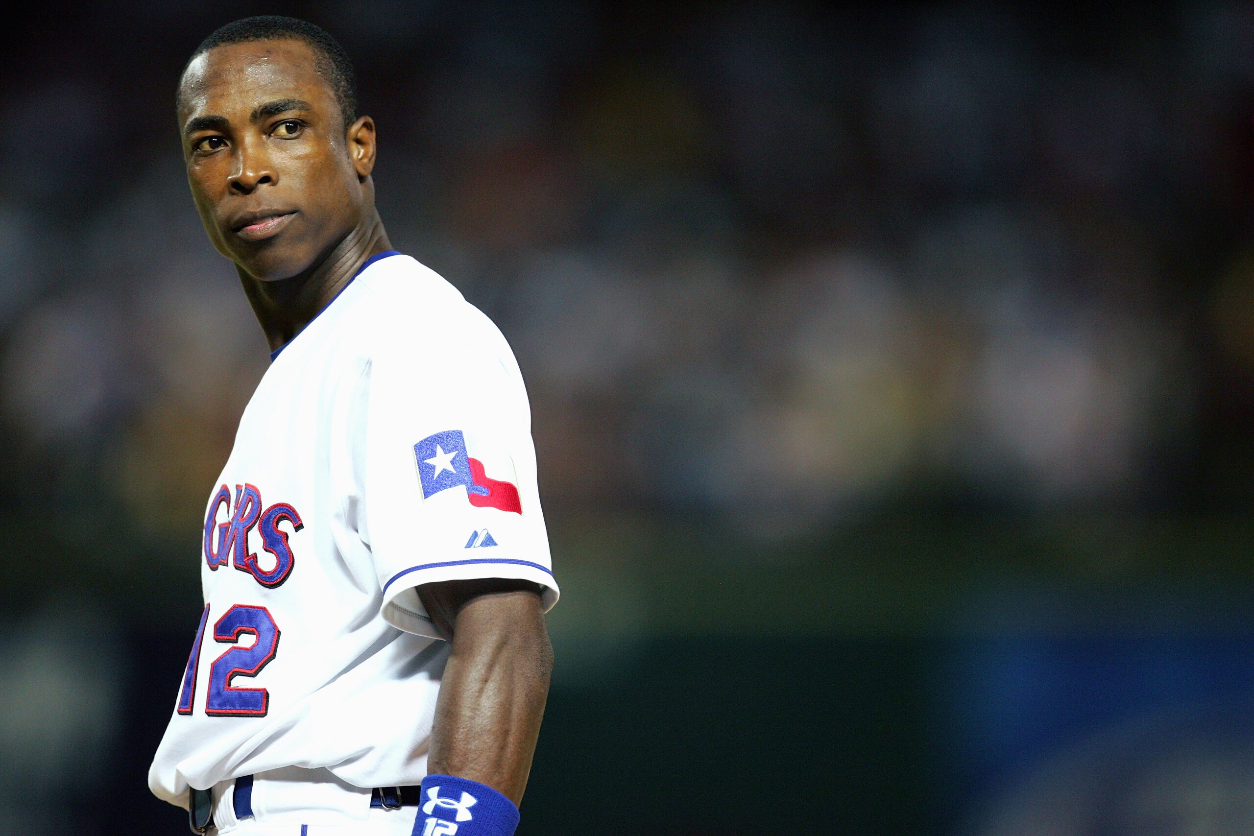 ARLINGTON, TX - JULY 18:  Alfonso Soriano #12 of the Texas Rangers stands on base during the game with the New York Yankees on July 18, 2005 at Ameriquest Field in Arlington in Arlington, Texas.  The Yankees defeated the Rangers 11-10.  (Photo by Ronald M
