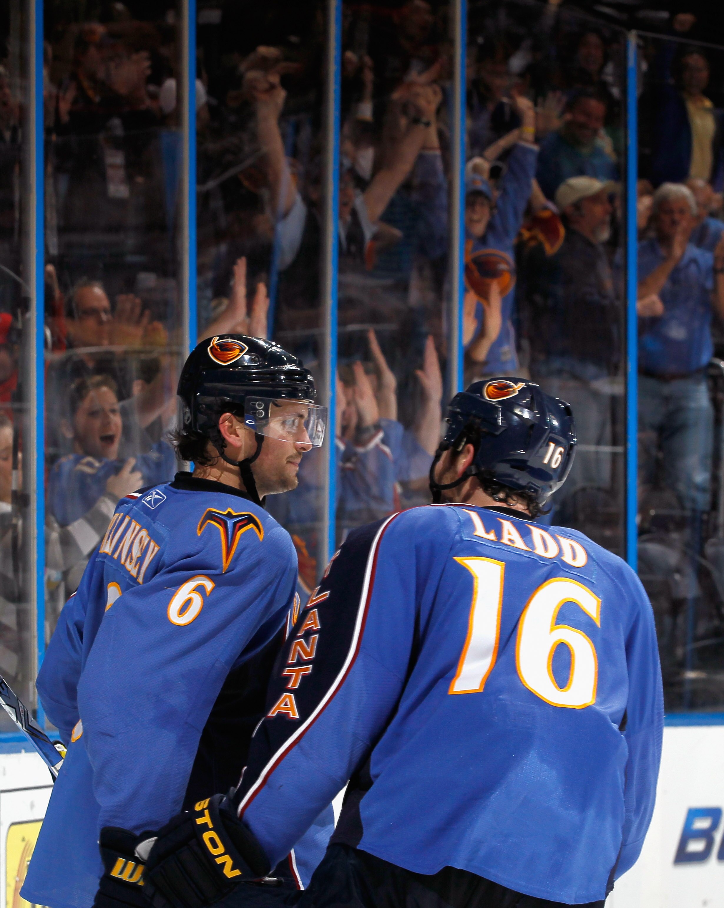 ATLANTA, GA - FEBRUARY 27:  Ron Hainsey #6 of the Atlanta Thrashers reacts after scoring the game-winning goal in overtime against the Toronto Maple Leafs with Andrew Ladd #16 at Philips Arena on February 27, 2011 in Atlanta, Georgia.  (Photo by Kevin C.