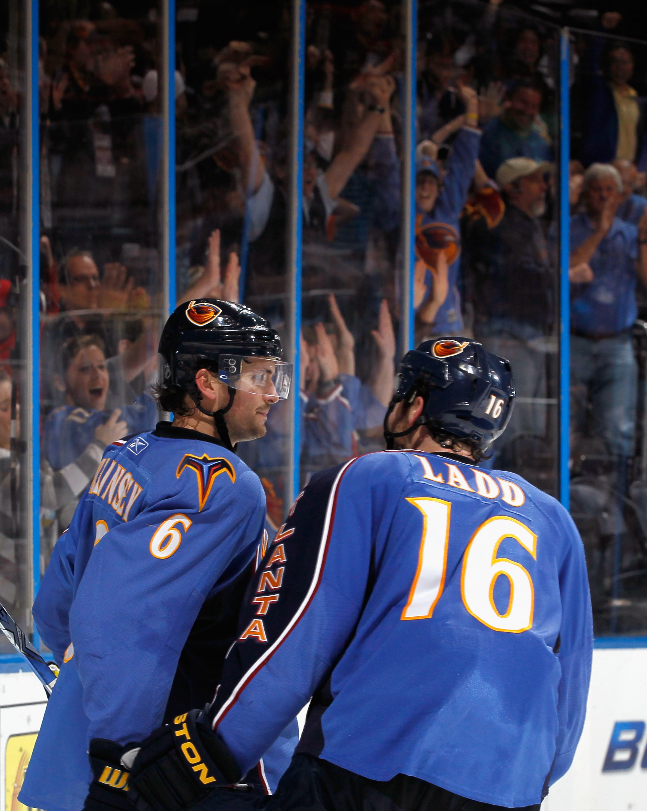 ATLANTA, GA - FEBRUARY 27:  Ron Hainsey #6 of the Atlanta Thrashers reacts after scoring the game-winning goal in overtime against the Toronto Maple Leafs with Andrew Ladd #16 at Philips Arena on February 27, 2011 in Atlanta, Georgia.  (Photo by Kevin C.