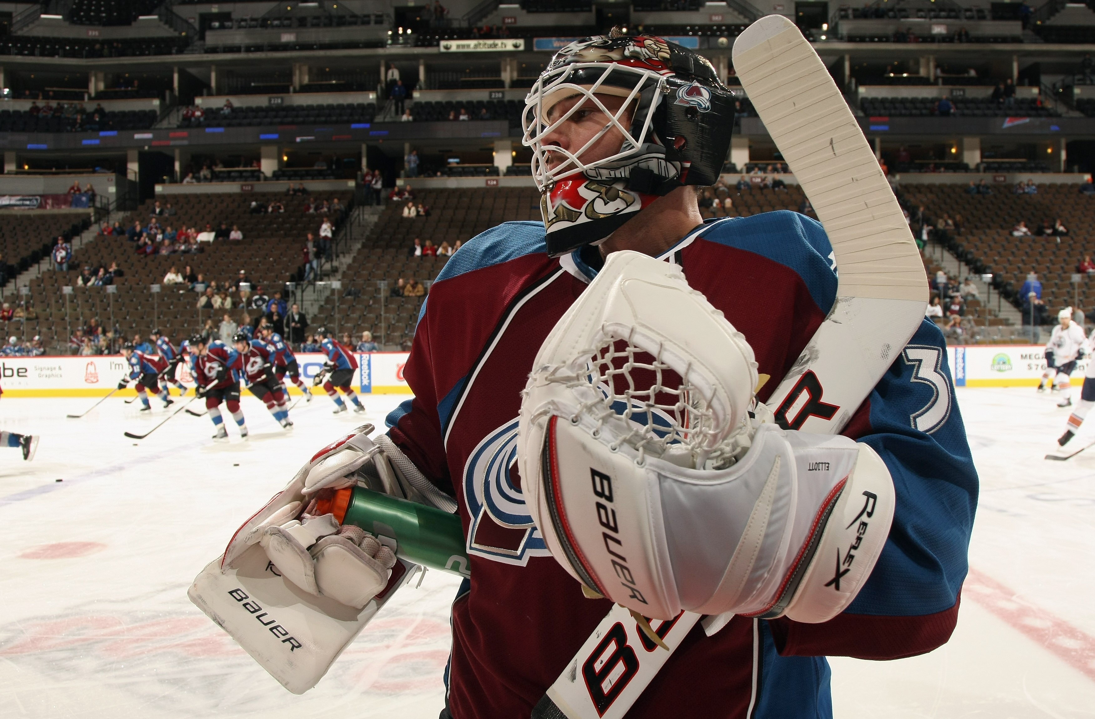 DENVER, CO - FEBRUARY 23:  Goalie Brian Elliott #30 of the Colorado Avalanche pauses for a drink as he warms up prior to facing the Edmonton Oilers at the Pepsi Center on February 23, 2011 in Denver, Colorado. The Oilers defeated the Avalanmche 5-1.  (Pho