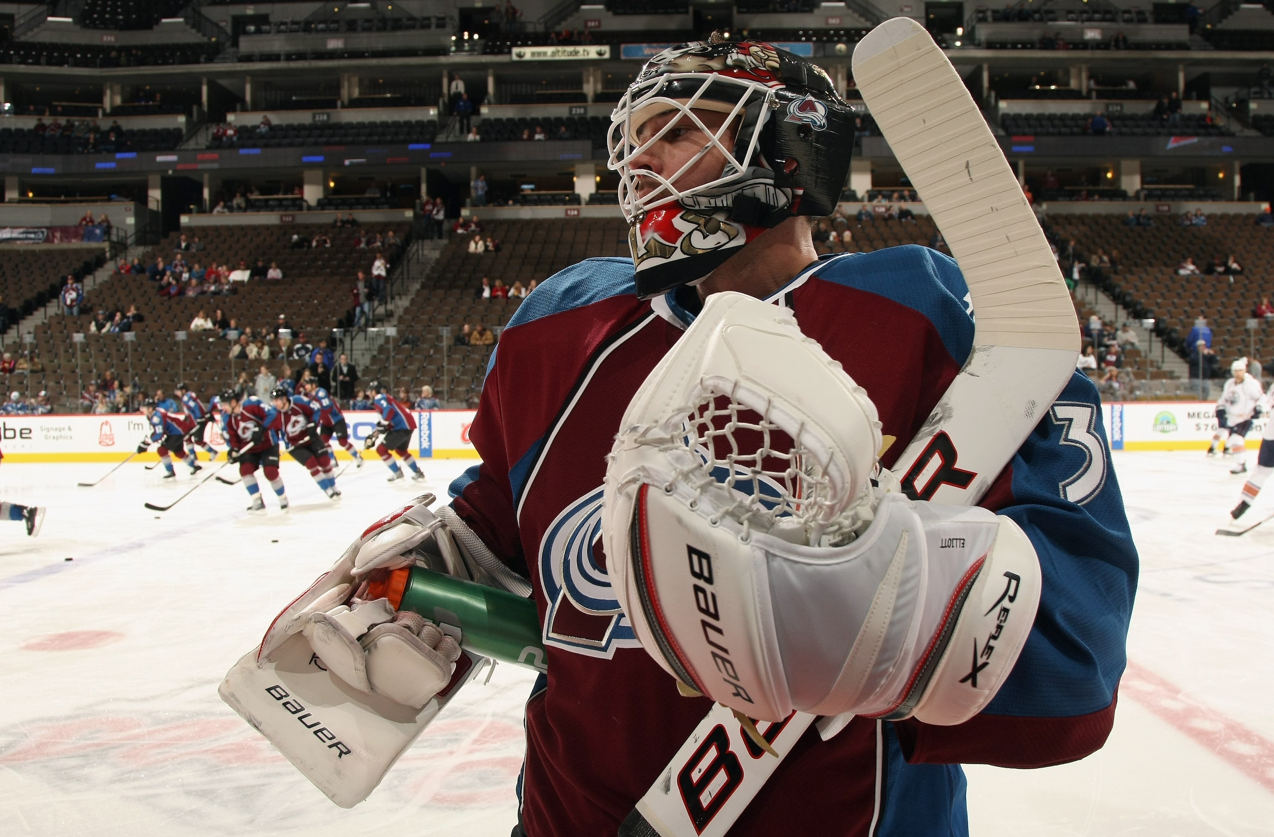 DENVER, CO - FEBRUARY 23:  Goalie Brian Elliott #30 of the Colorado Avalanche pauses for a drink as he warms up prior to facing the Edmonton Oilers at the Pepsi Center on February 23, 2011 in Denver, Colorado. The Oilers defeated the Avalanmche 5-1.  (Pho