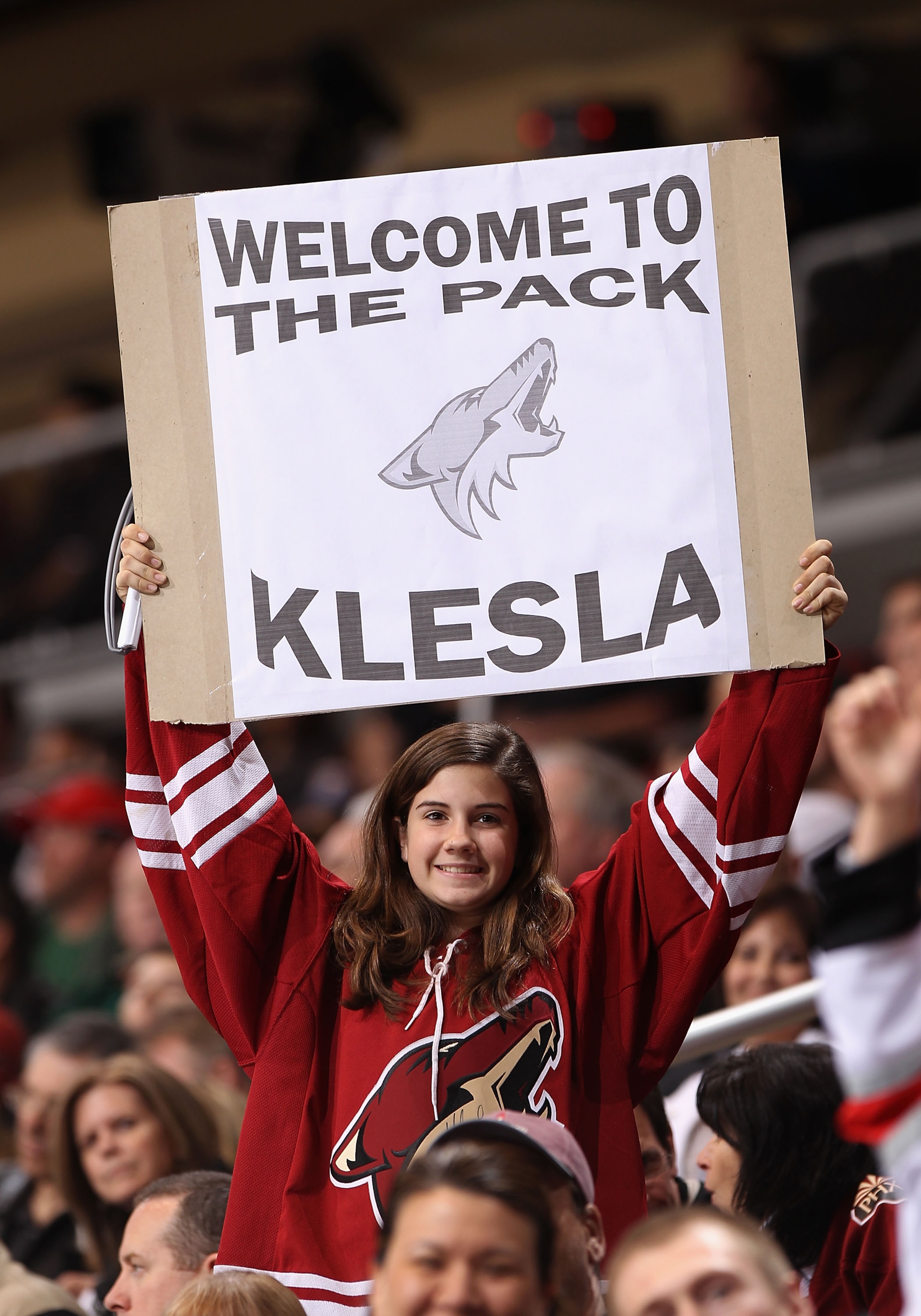 GLENDALE, AZ - MARCH 01:  A fan of the Phoenix Coyotes holds up a sign to welcome Rostislav Klesla during the NHL game against the Dallas Stars at Jobing.com Arena on March 1, 2011 in Glendale, Arizona.  (Photo by Christian Petersen/Getty Images)