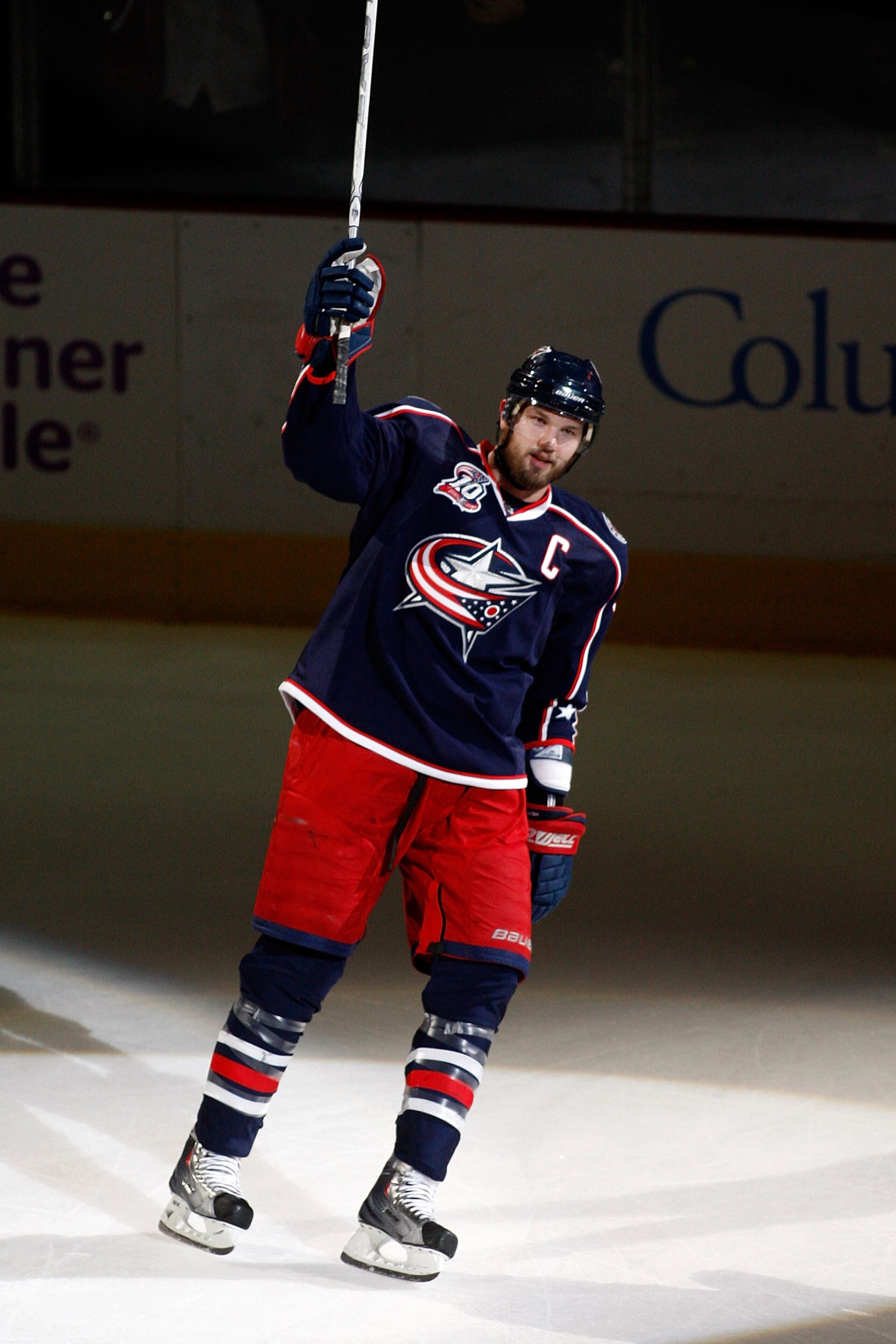 COLUMBUS, OH - FEBRUARY 11:  Rick Nash #61 of the Columbus Blue Jackets salutes the crowd after being named the number one star after helping defeat the Colorado Avalanche 3-1 on February 11, 2011 at Nationwide Arena in Columbus, Ohio. (Photo by John Grie