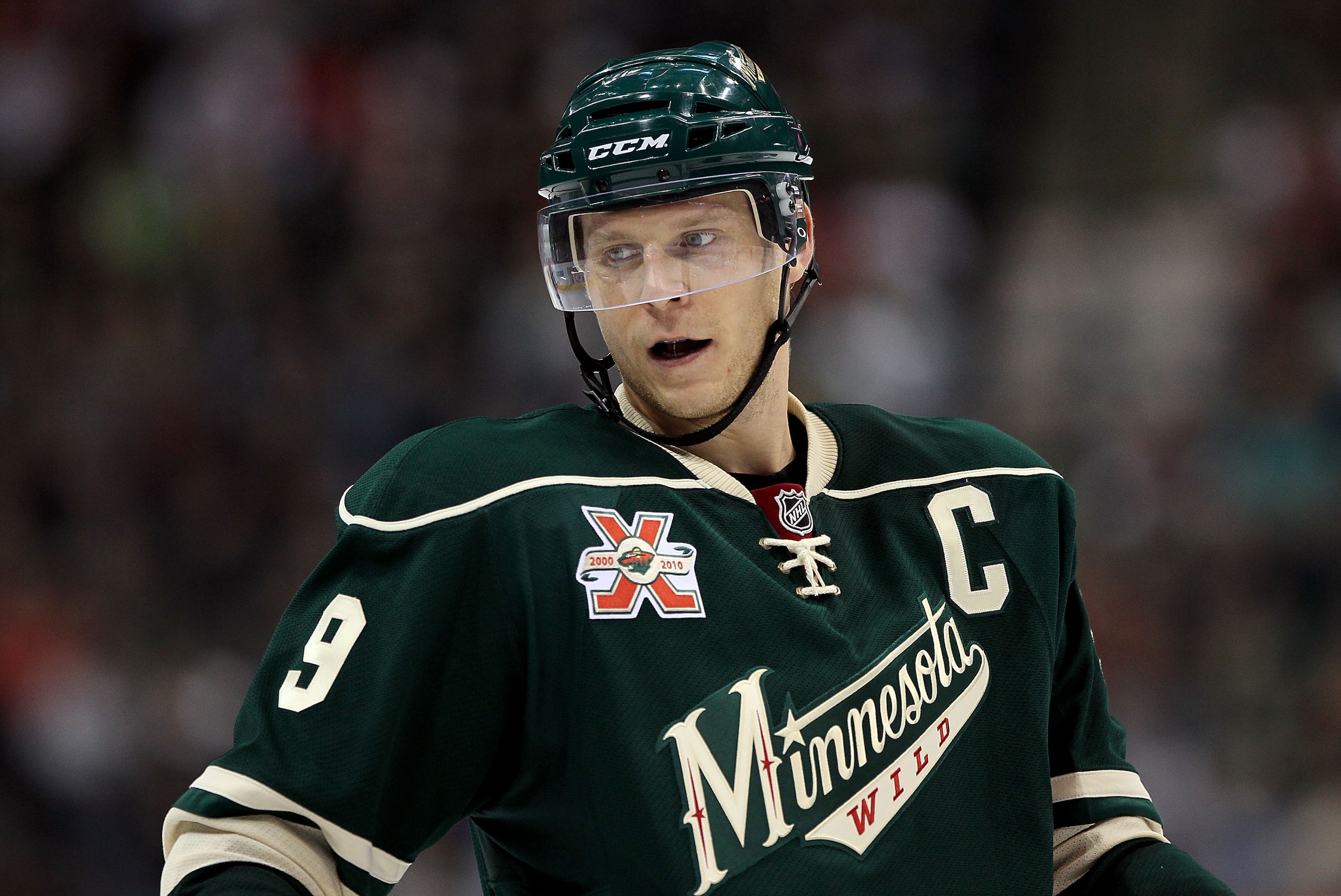 ST PAUL, MN - OCTOBER 16:  Mikko Koivu #9 of the Minnesota Wild looks on during the game against the Columbus Blue Jackets at Xcel Energy Center on October 16, 2010 in St Paul, Minnesota.  (Photo by Jeff Gross/Getty Images)