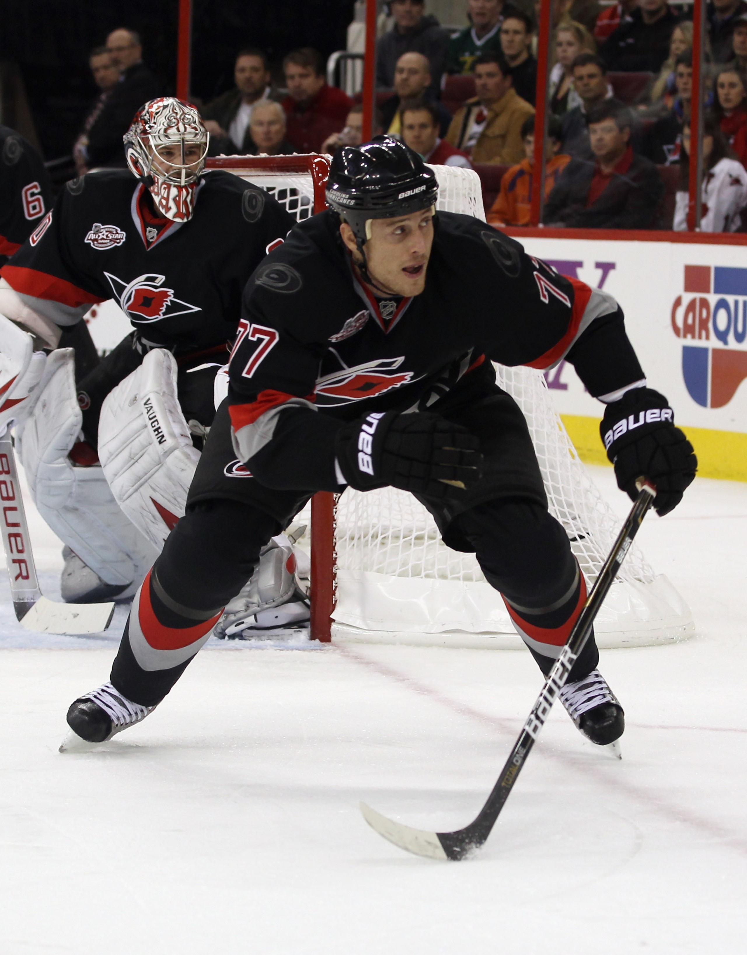 RALEIGH, NC - NOVEMBER 29:  Joe Corvo #77 of the Carolina Hurricanes skates against the Dallas Stars at the RBC Center on November 29, 2010 in Raleigh, North Carolina. The Stars defeated the Hurricanes 4-1.  (Photo by Bruce Bennett/Getty Images)