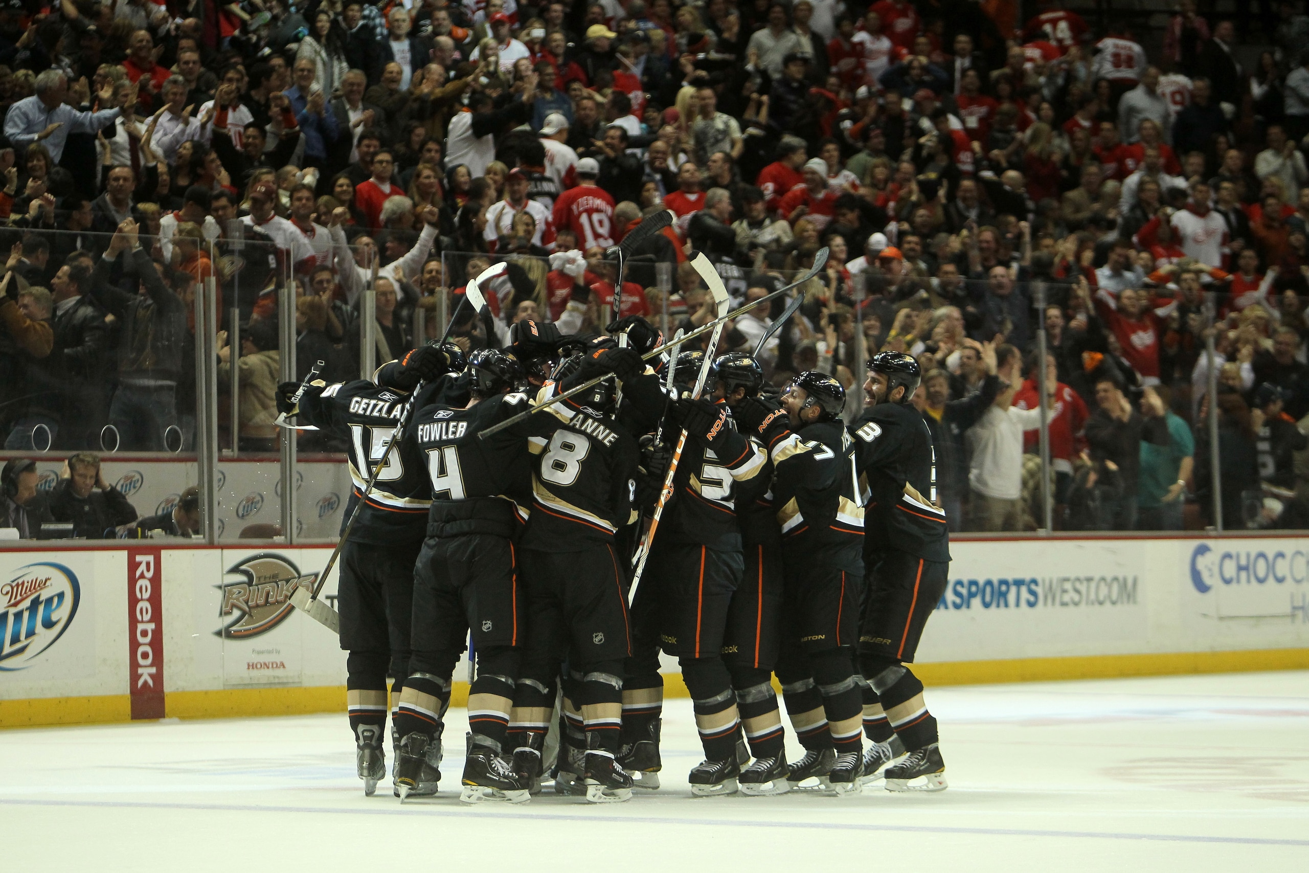 ANAHEIM, CA - MARCH 2:  The Anaheim Ducks celebrate after their sudden death overtime goal against the Detroit Red Wings on March 2, 2011 at the Honda Center in Anaheim, California.   The Ducks won 2-1 in overtime.  (Photo by Stephen Dunn/Getty Images)