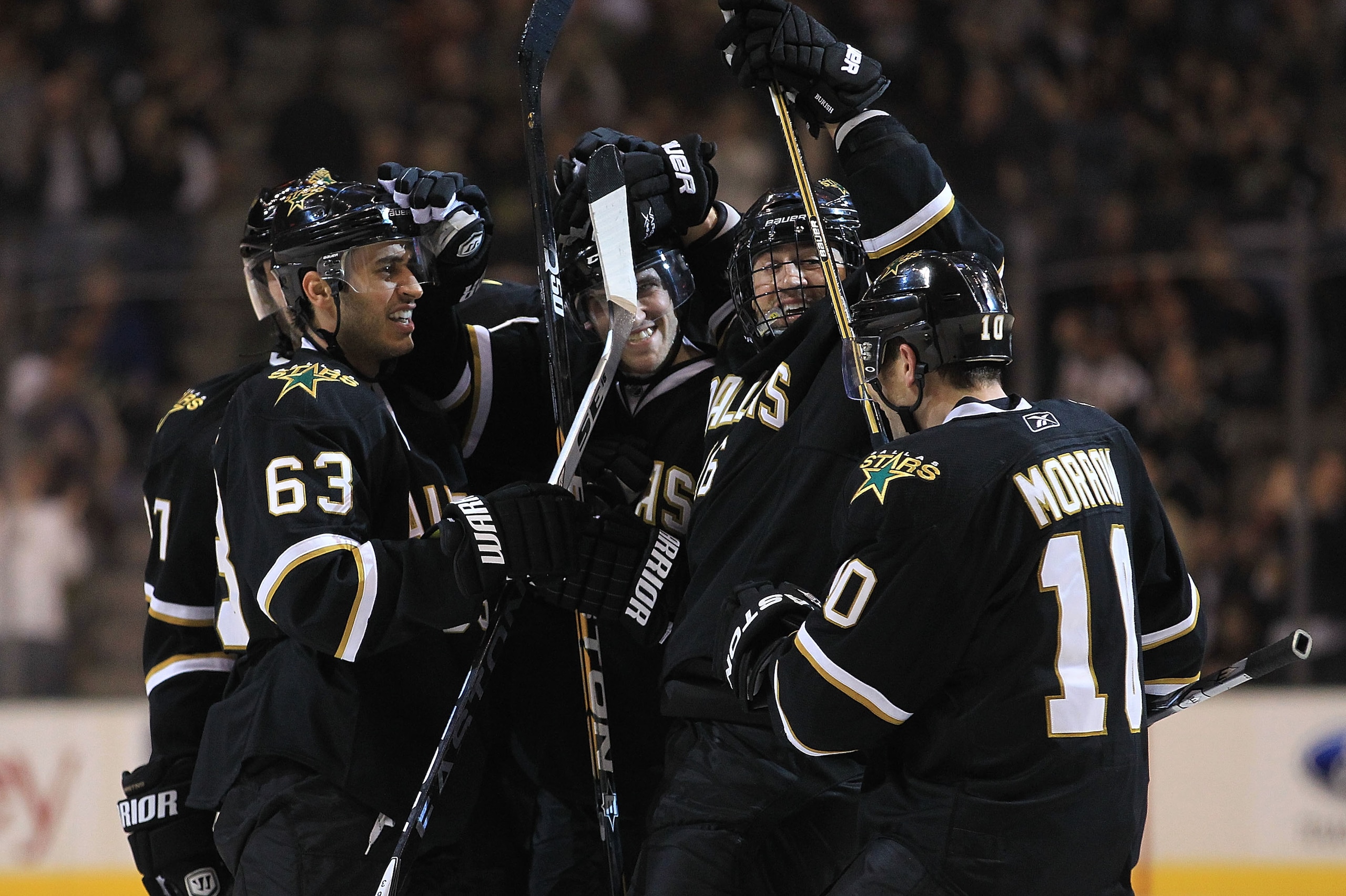 DALLAS, TX - FEBRUARY 26:  The Dallas Stars celebrate a goal by Alex Goligoski #33 against the Nashville Predators at American Airlines Center on February 26, 2011 in Dallas, Texas.  (Photo by Ronald Martinez/Getty Images)