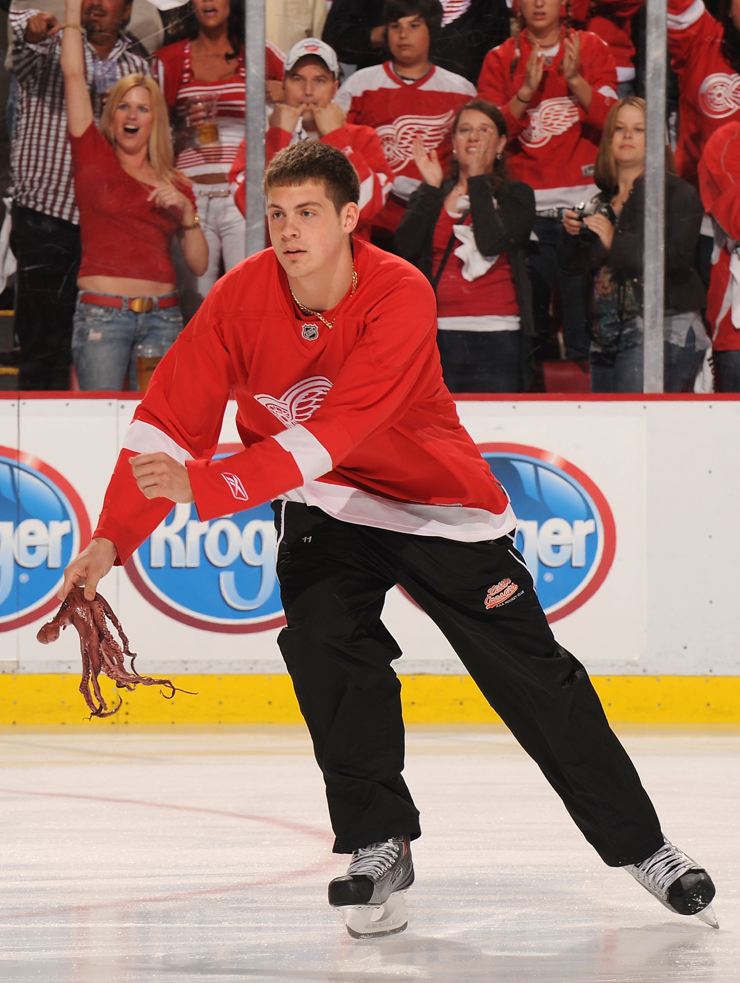 DETROIT - JUNE 06:  An ice technician removes an octopus from the ice before the Pittsburgh Penguins before face the Detroit Red Wings during Game Five of the 2009 NHL Stanley Cup Finals at Joe Louis Arena on June 6, 2009 in Detroit, Michigan.  (Photo by