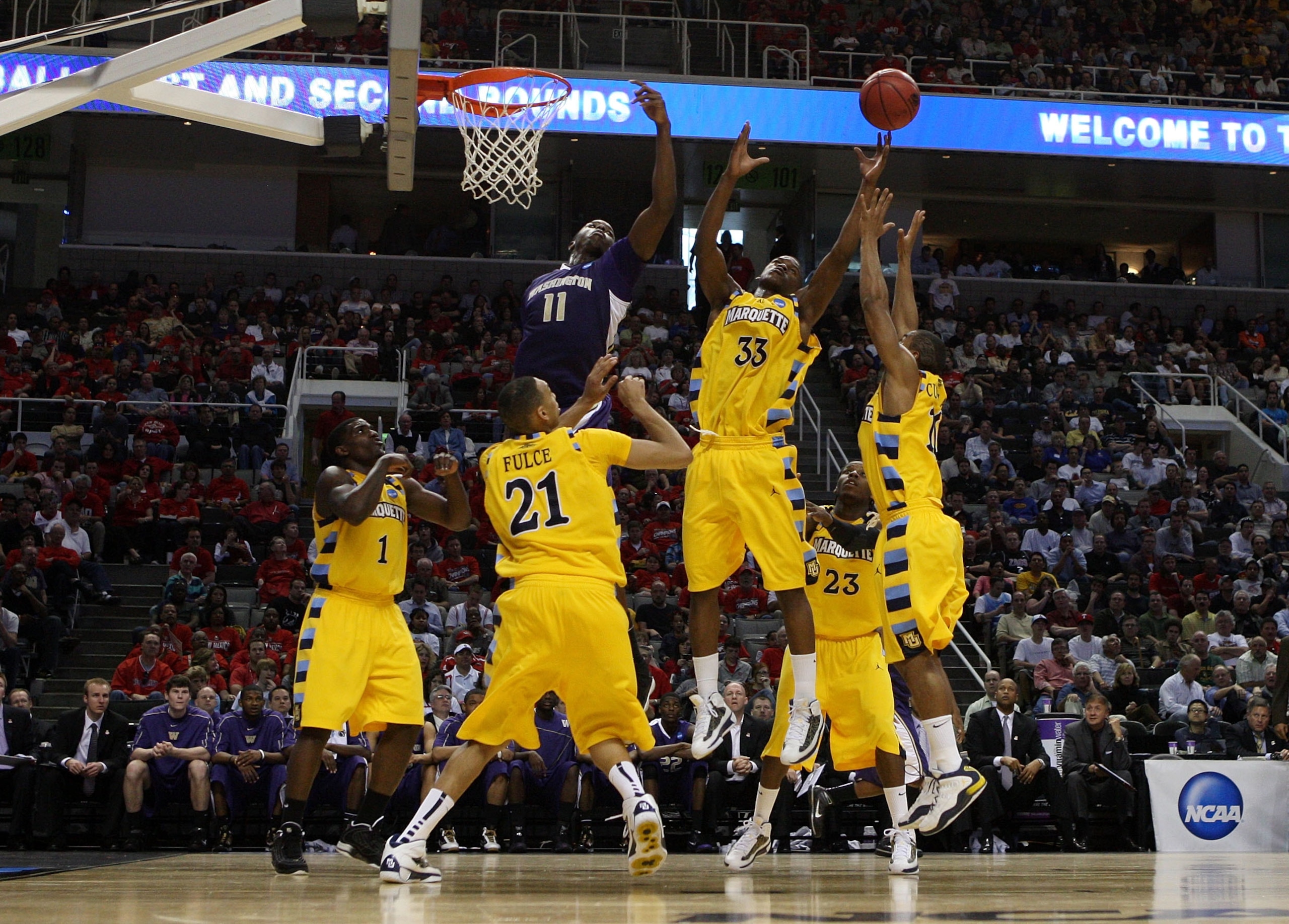 SAN JOSE, CA - MARCH 18:  Forward Jimmy Butler #33 of the Marquette Golden Eagles looks to rebound the ball against the Washington Huskies during the first round of the 2010 NCAA men's basketball tournament at HP Pavilion on March 18, 2010 in San Jose, Ca