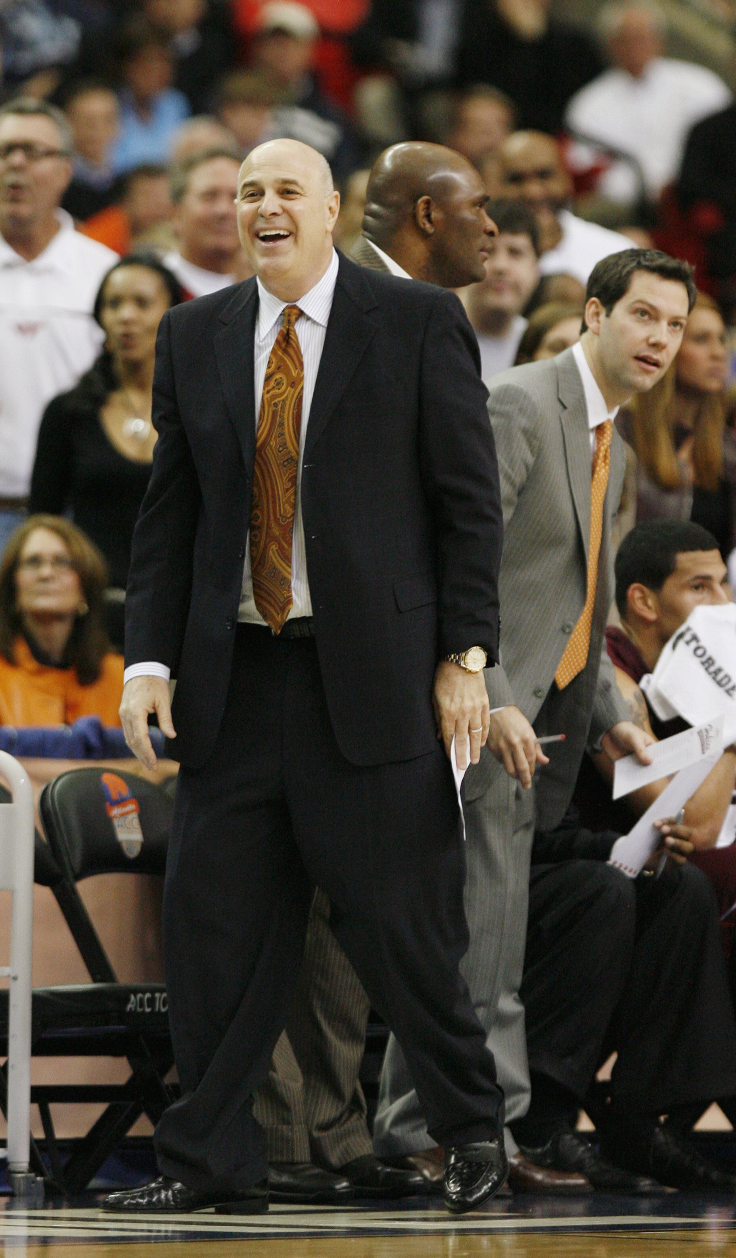 ATLANTA - MARCH 13:  Head Coach Seth Greenberg of the Virginia Tech Hokies reacts against the North Carolina Tar Heels during day two of the 2009 ACC Men's Basketball Tournament on March 13, 2009 at the Georgia Dome in Atlanta, Georgia.  (Photo by Kevin C
