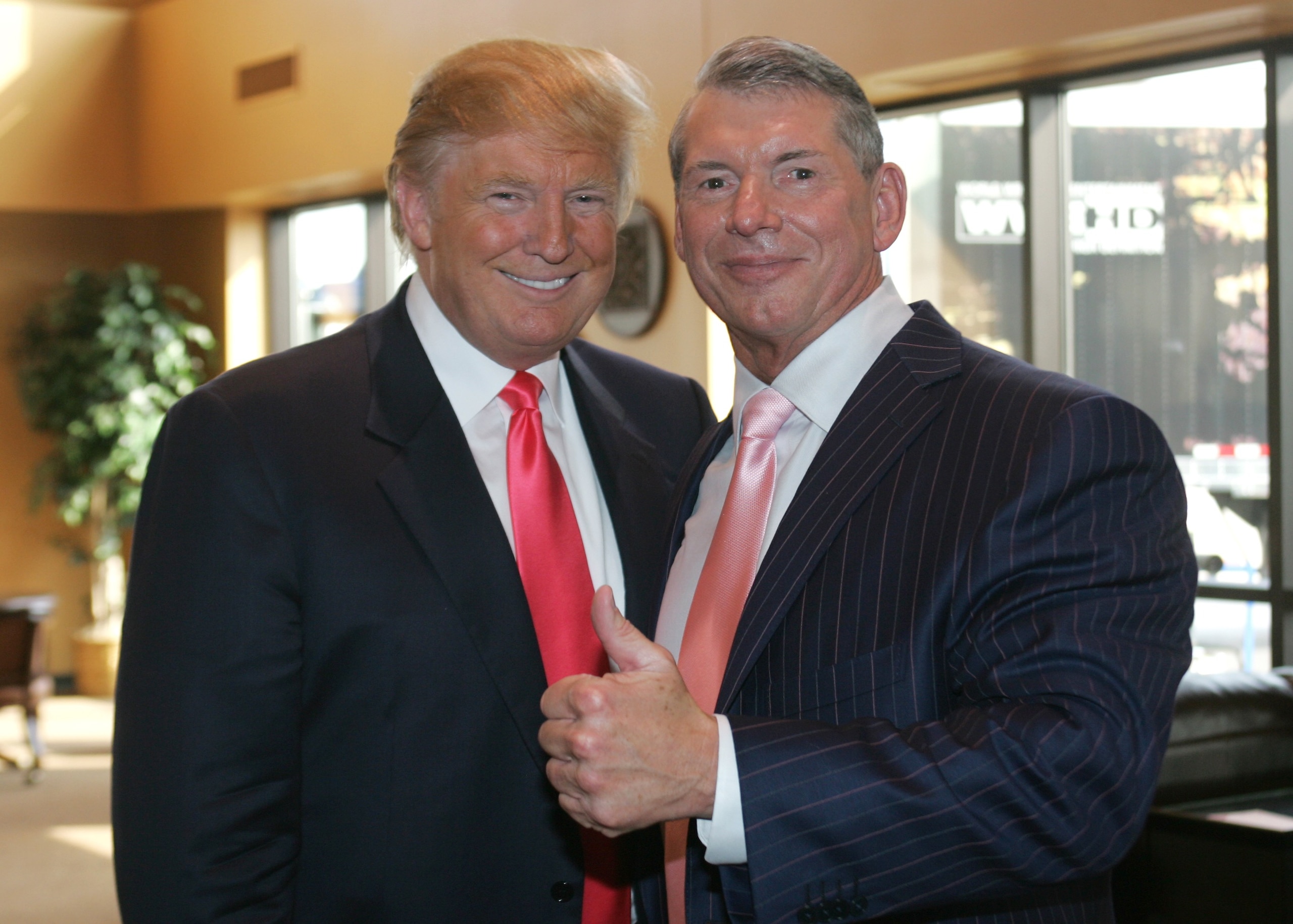 GREEN BAY, WI - JUNE 22:  Vince McMahon (L) and Donald Trump attend a press conference about the WWE at the Austin Straubel International Airport on June 22, 2009 in Green Bay, Wisconsin.  (Photo by Mark A. Wallenfang/Getty Images)