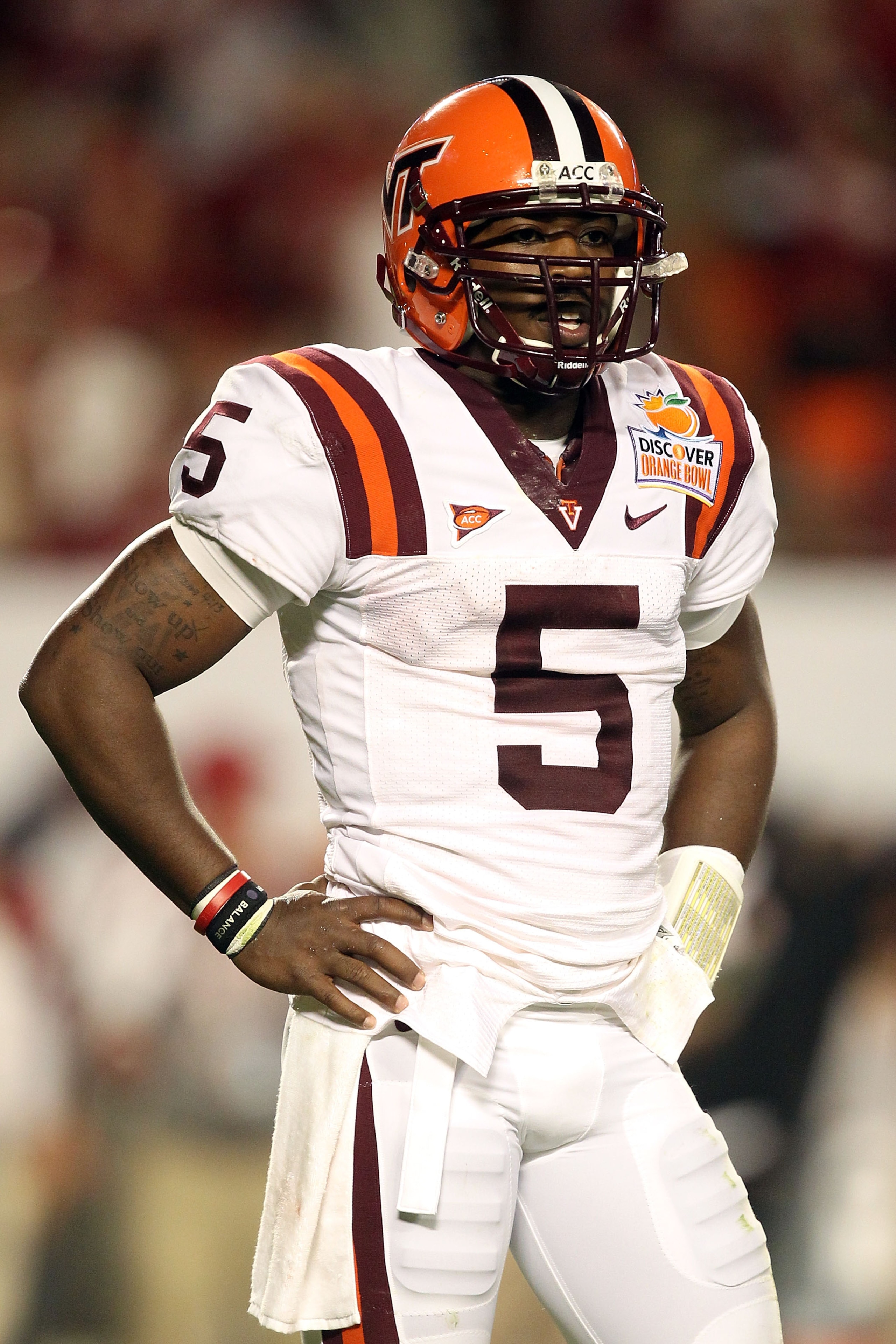 MIAMI, FL - JANUARY 03:  Tyrod Taylor #5 of the Virginia Tech Hokies look towards the sideline against the Stanford Cardinal during the 2011 Discover Orange Bowl at Sun Life Stadium on January 3, 2011 in Miami, Florida. Stanford won 40-12.  (Photo by Stre