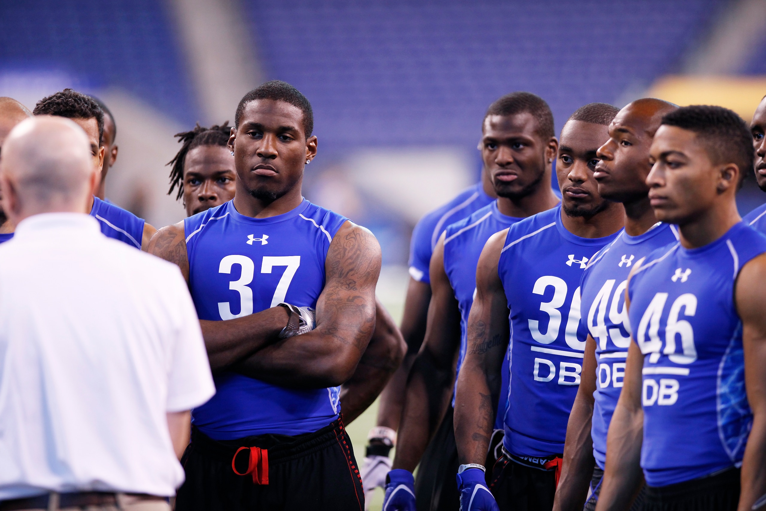 INDIANAPOLIS, IN - MARCH 1: Defensive back Patrick Peterson #37 of LSU looks on while standing with a group of other players during the 2011 NFL Scouting Combine at Lucas Oil Stadium on February 28, 2011 in Indianapolis, Indiana. (Photo by Joe Robbins/Get