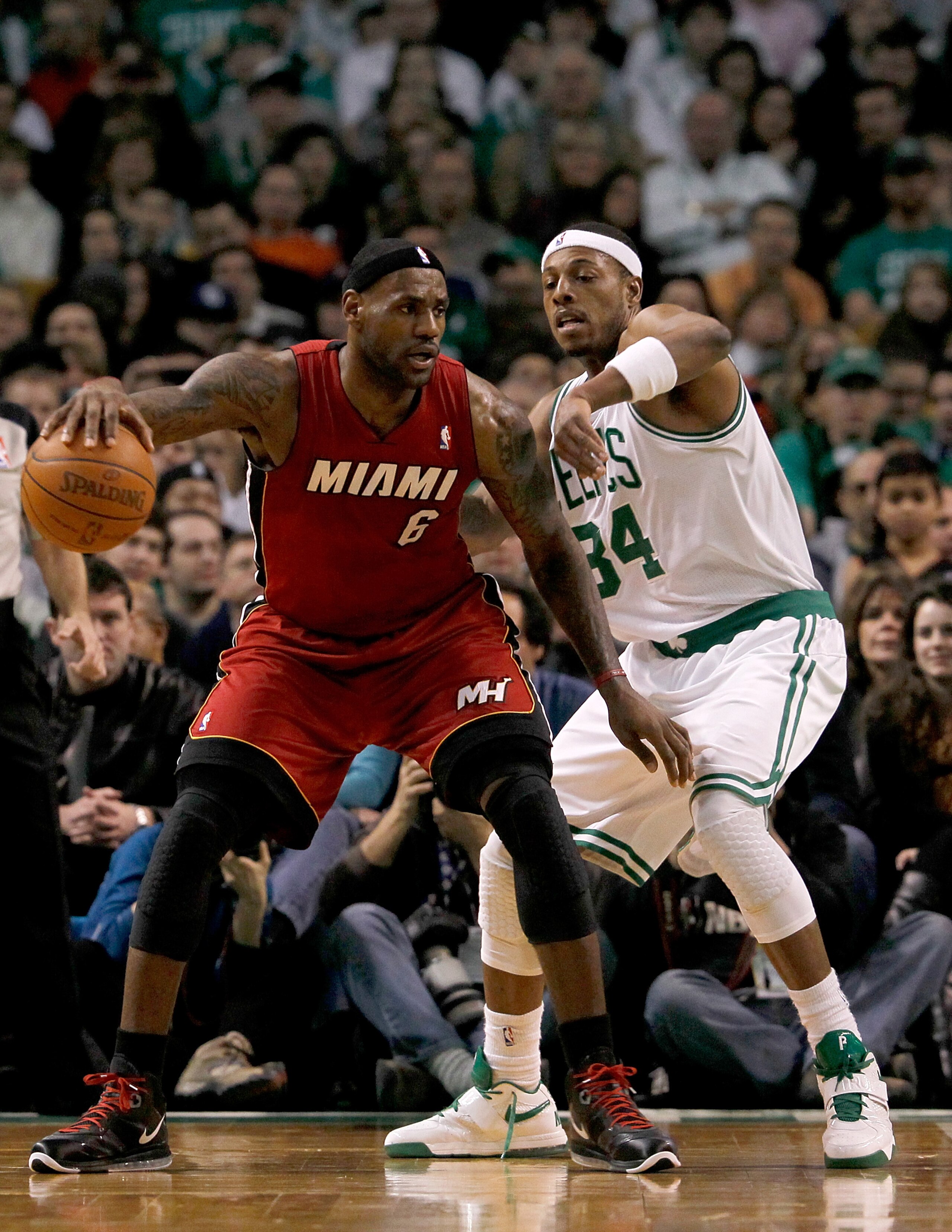 BOSTON - FEBRUARY 13: LeBron James #6 of the Miami Heat drives against Paul Pierce #34 of the Boston Celtics at TD Garden on February 13, 2011 in Boston, Massachusetts. NOTE TO USER: User expressly acknowledges and agrees that, by downloading and/or usi BOSTON - FEBRUARY 13: LeBron James #6 of the Miami Heat drives against Paul Pierce #34 of the Boston Celtics at TD Garden on February 13, 2011 in Boston, Massachusetts. NOTE TO USER: User expressly acknowledges and agrees that, by downloading and/or usi