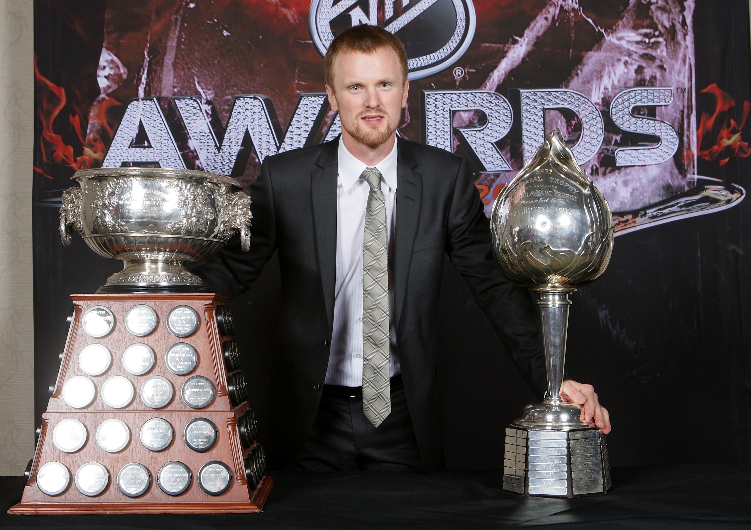 LAS VEGAS - JUNE 23: Henrik Sedin of the Vancouver Canucks poses for a portrait with the Hart Memorial Trophy and the Art Ross Trophy during the 2010 NHL Awards at the Palms Casino Resort on June 23, 2010 in Las Vegas, Nevada. (Photo by Bruce Bennett/Ge LAS VEGAS - JUNE 23: Henrik Sedin of the Vancouver Canucks poses for a portrait with the Hart Memorial Trophy and the Art Ross Trophy during the 2010 NHL Awards at the Palms Casino Resort on June 23, 2010 in Las Vegas, Nevada. (Photo by Bruce Bennett/Ge