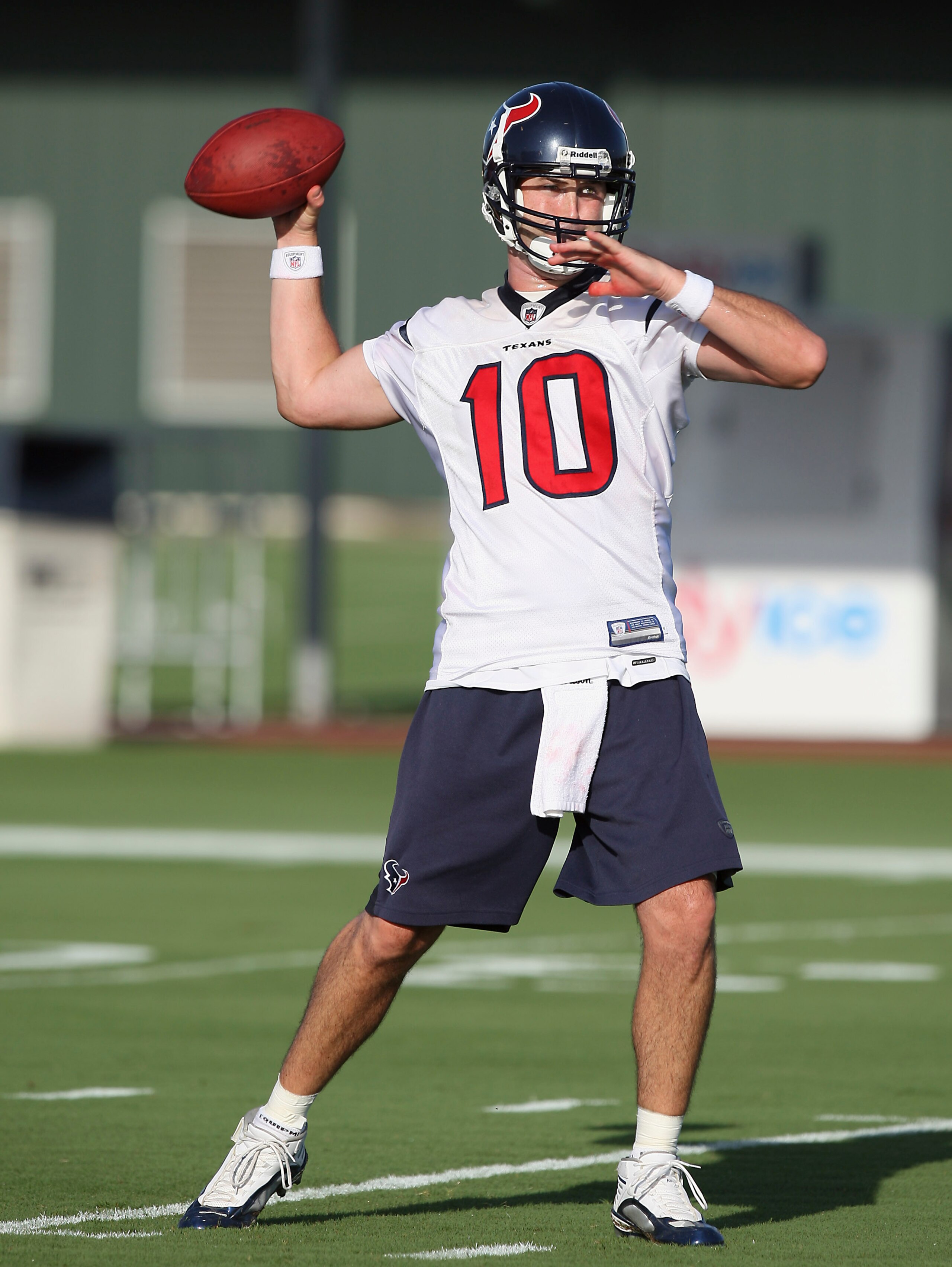 HOUSTON - JULY 30:  Quarterback John David Booty #10 of the Houston Texans throws passess during the team's first NFL training camp practice of the season at Reliant Park on July 30, 2010 in Houston, Texas.  (Photo by Bob Levey/Getty Images)