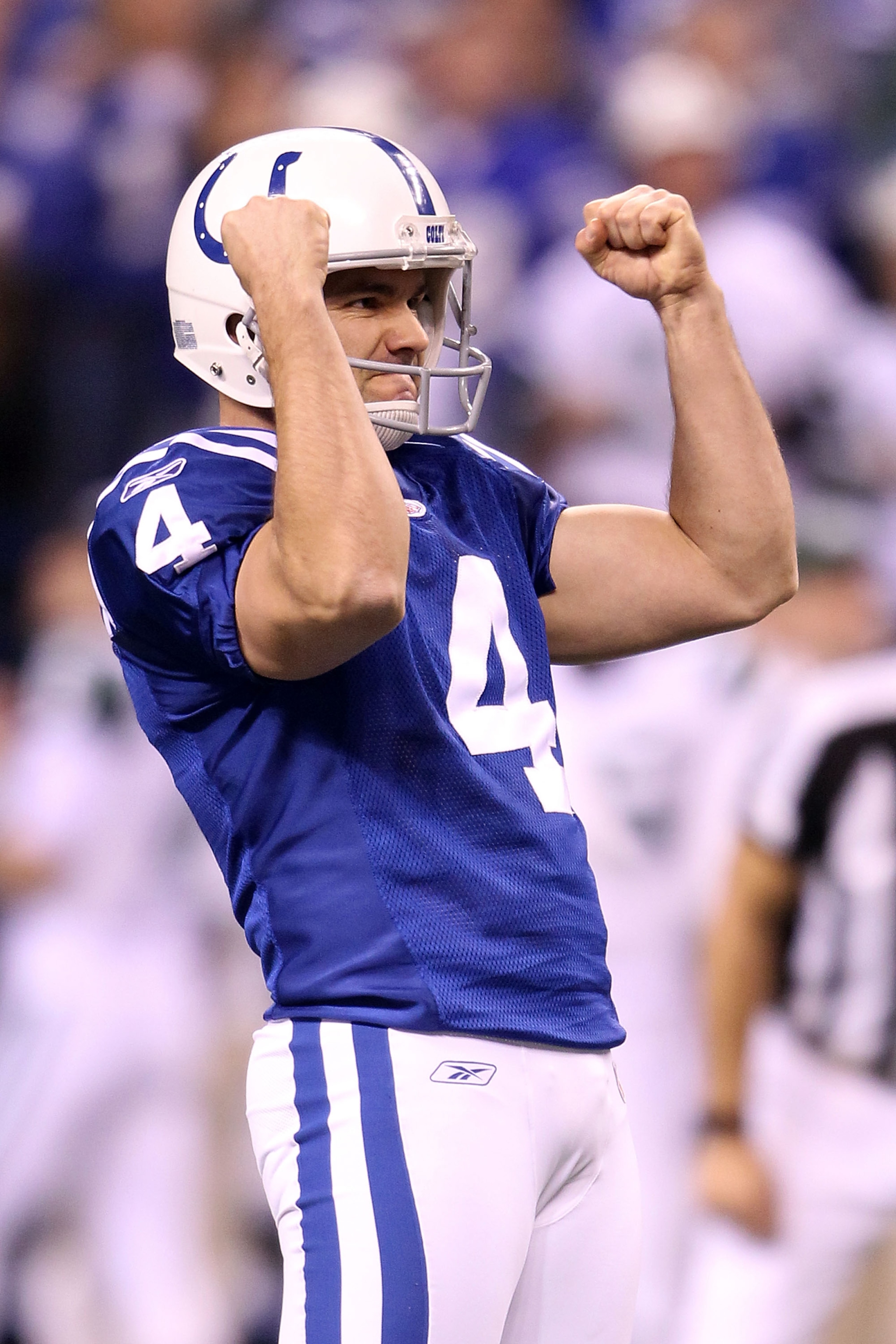 INDIANAPOLIS, IN - JANUARY 08:  Adam Vinatieri #4 of the Indianapolis Colts reacts after he kicked a successful 50-yard field goal in the fourth quarter against the New York Jets during their 2011 AFC wild card playoff game at Lucas Oil Stadium on January