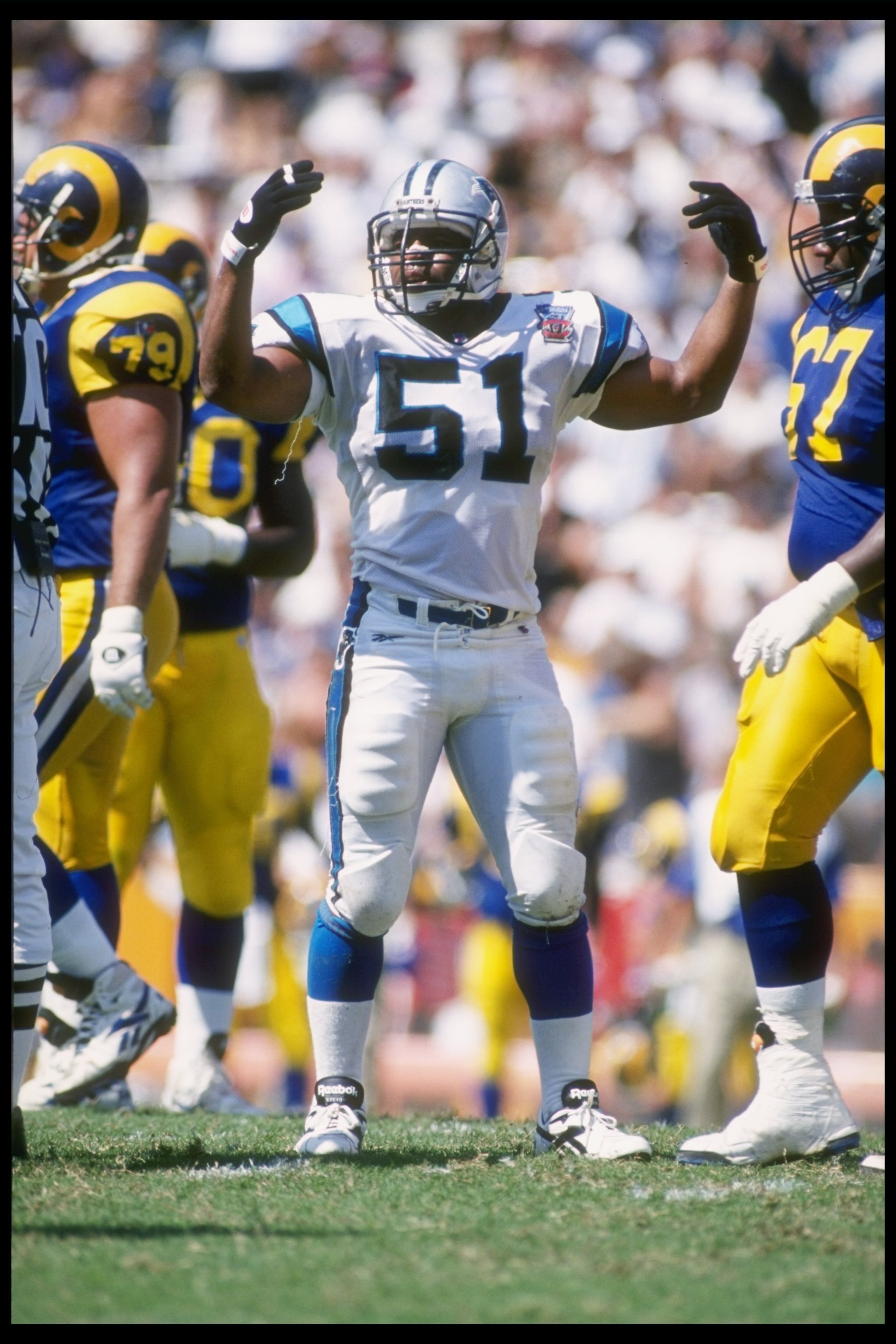 17 Sep 1995:  Linebacker Sam Mills #51 of the Carolina Panthers celebtrates during a game against the St. Louis Rams played at Memorial Stadium in Clemson, South Carolina.  The Rams won the game, 31-10.  Mandatory Credit: Craig Jones  /Allsport