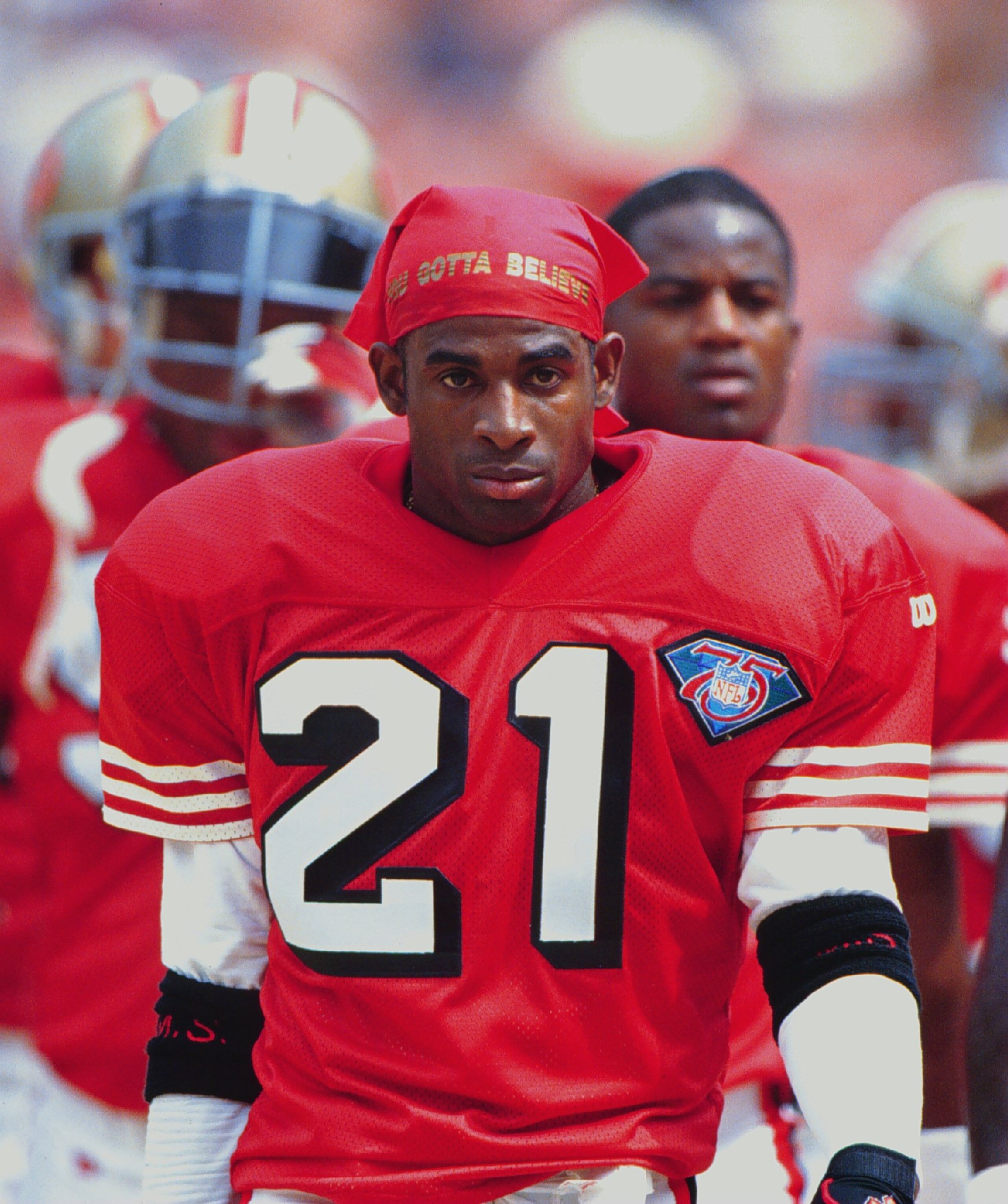 18 SEP 1994:  SAN FRANCSICO CORNER DEION SANDERS TAKES TO THE FIELD BEFORE THE 49ERS 34-19 VICTORY OVER THE LOS ANGELES RAMS AT ANAHEIM STADIUM IN ANAHEIM, CALIFORNIA.  Mandatory Credit: Al Bello/ALLSPORT
