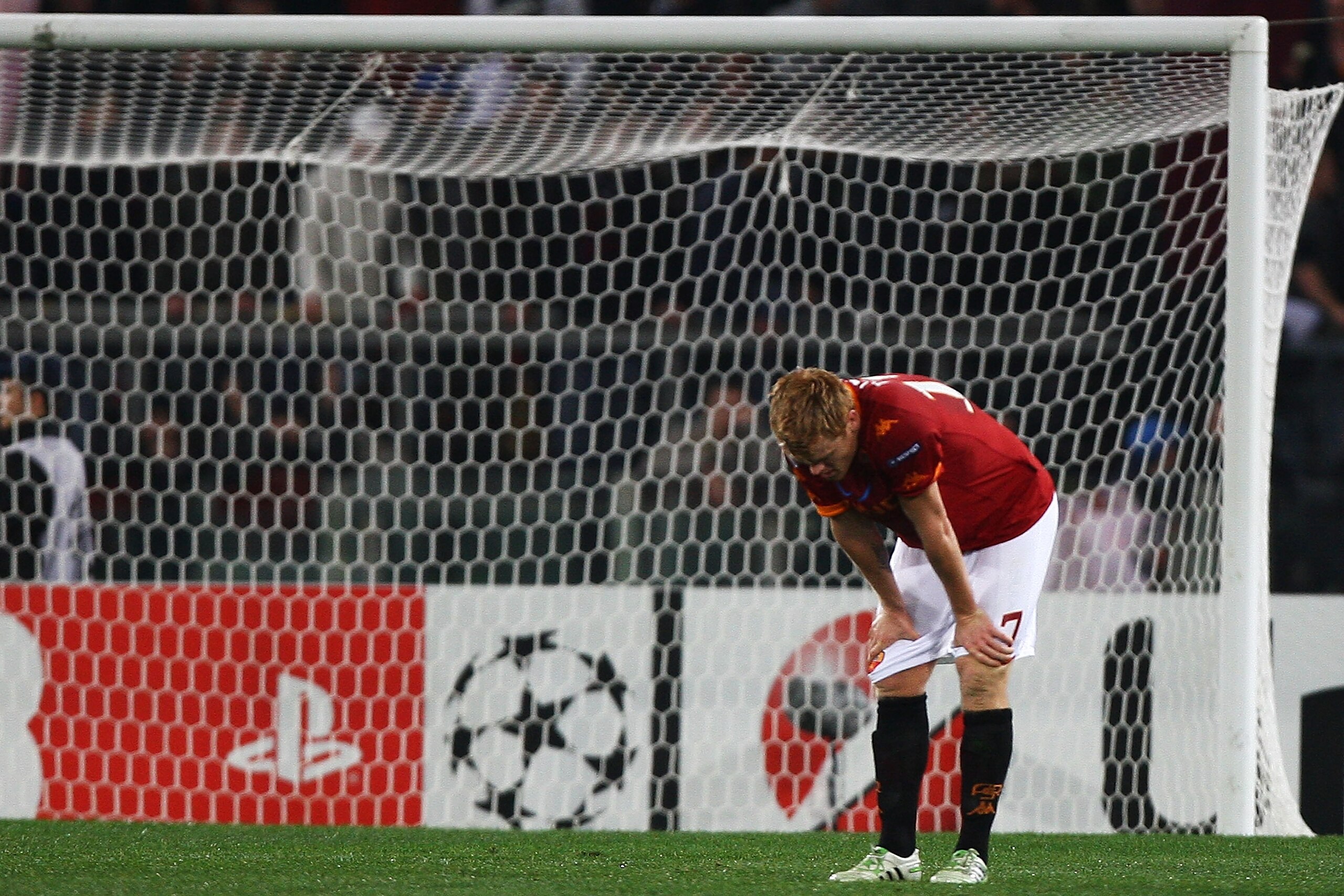 ROME, ITALY - FEBRUARY 16:  John Arne Riise of AS Roma shows his dejection during the UEFA Champions League round of 16 first leg match between AS Roma and Shakhtar Donetsk at Stadio Olimpico on February 16, 2011 in Rome, Italy.  (Photo by Paolo Bruno/Get