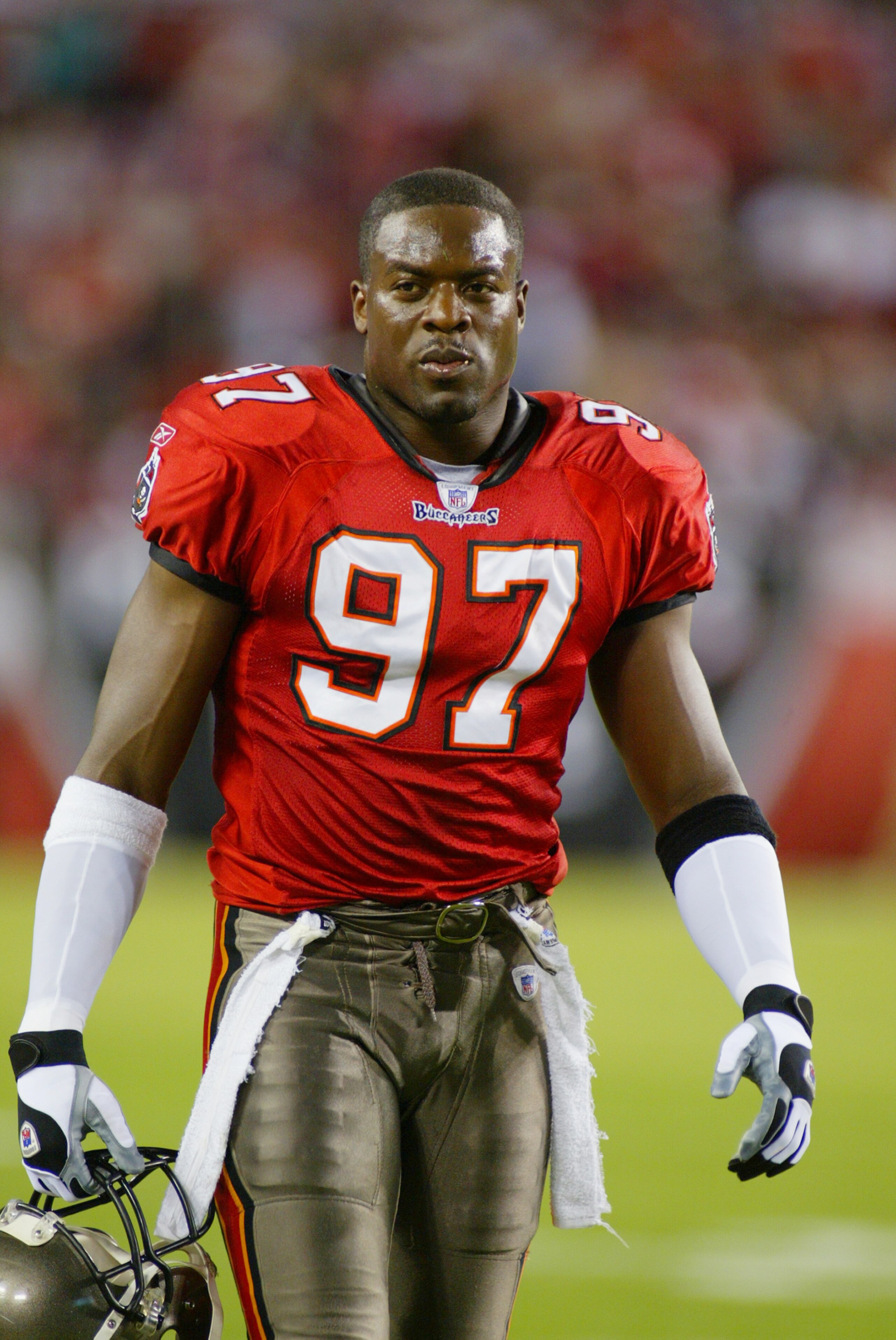 TAMPA, FL - DECEMBER 23:  Defensive end Simeon Rice #97 of the Tampa Bay Buccaneers looks on against the Pittsburgh Steelers on December 23, 2002 at Raymond James Stadium in Tampa, Florida.  The Steelers beat the Buccaneers 17-7.  (Photo By Scott Halleran
