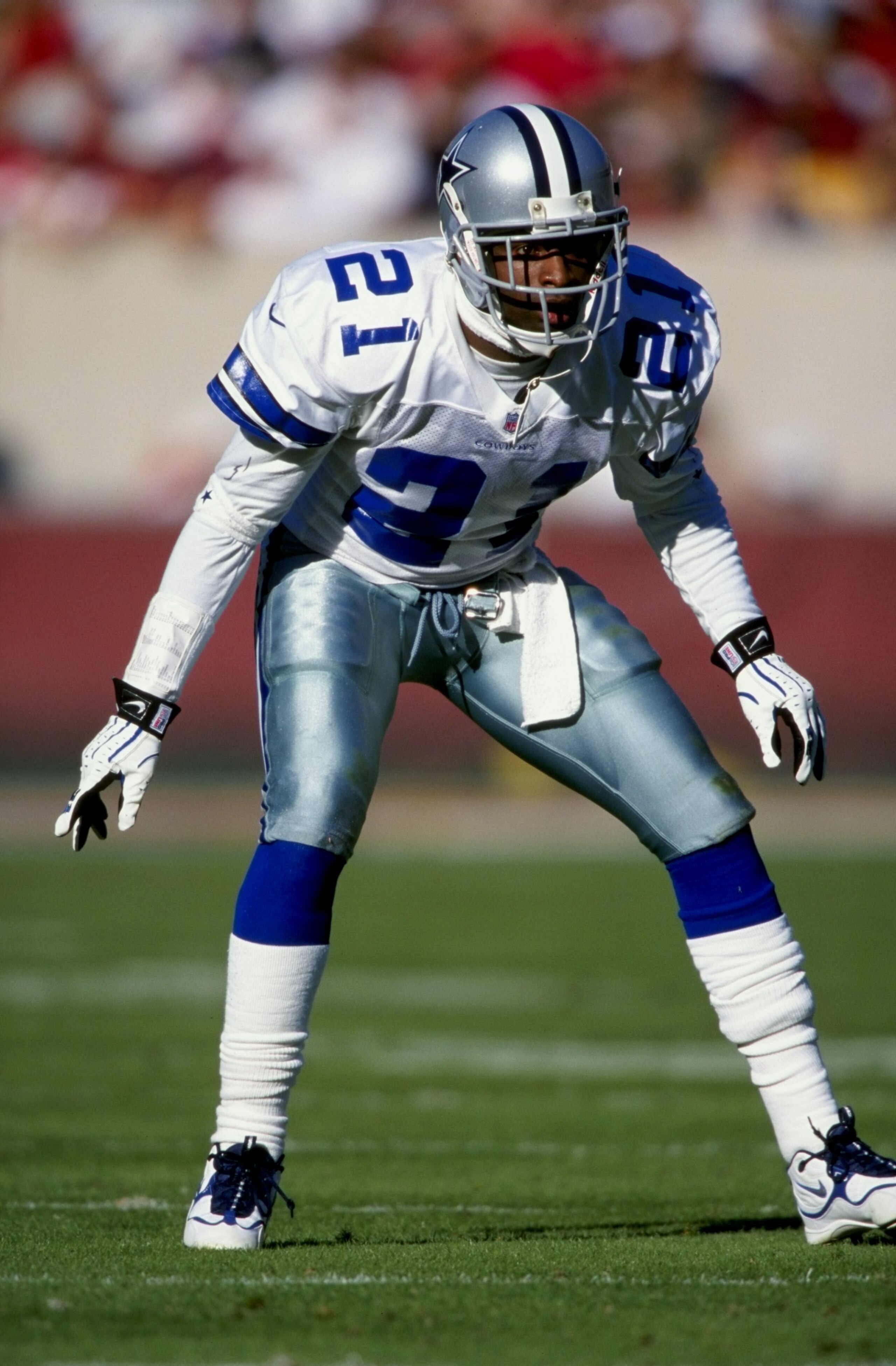 15 Nov 1998: Deion Sanders #21 of the Dallas Cowboys gets ready to move during the game against the Arizona Cardinals at Sun Devil Stadium in Tempe, Arizona. The Cowboys defeated the Cardinals 35-28.