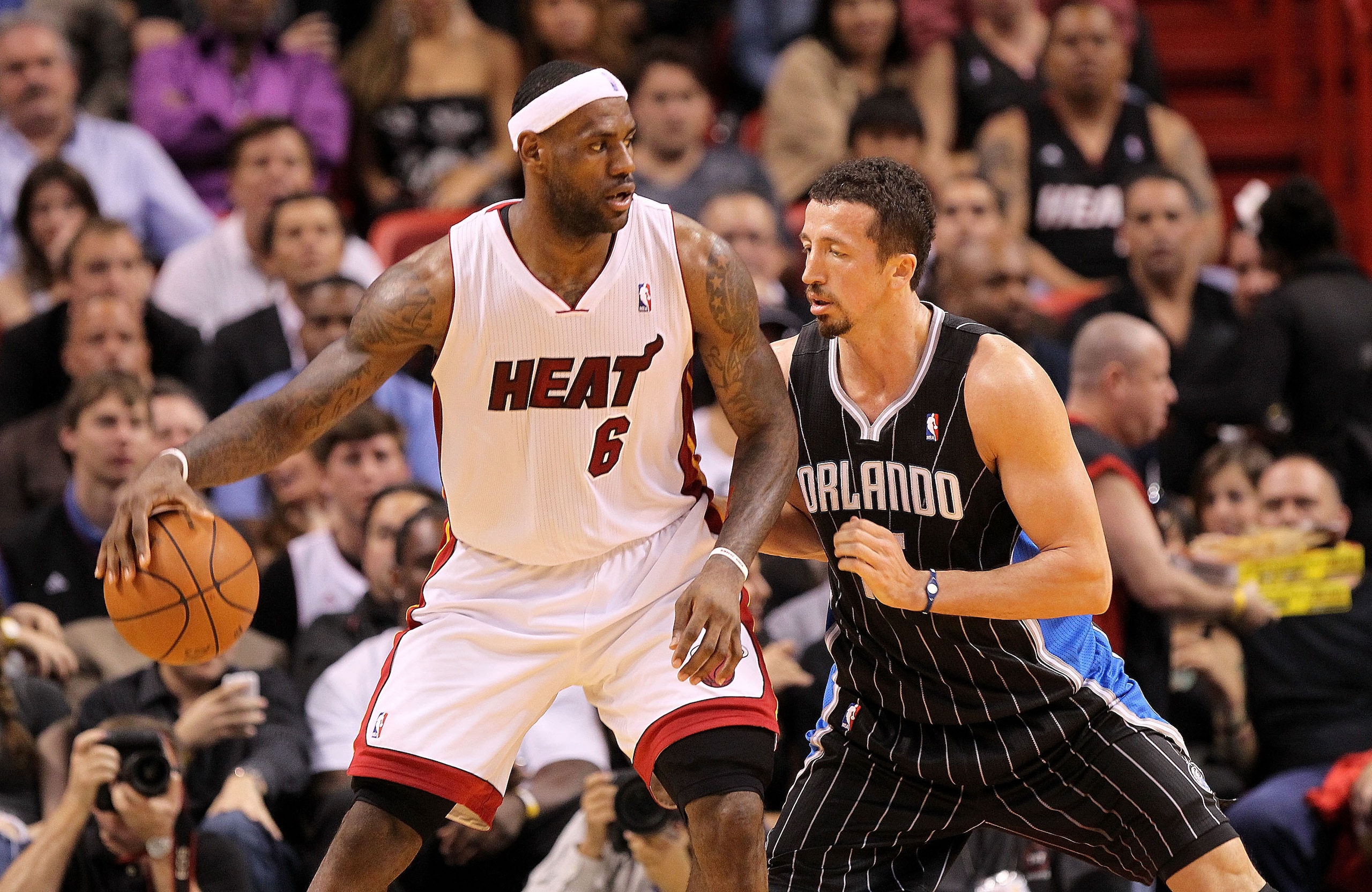 MIAMI, FL - MARCH 03: LeBron James #6 of the Miami Heat posts up Hedo Turkoglu #15 of the Orlando Magic during a game at American Airlines Arena on March 3, 2011 in Miami, Florida. NOTE TO USER: User expressly acknowledges and agrees that, by downloading