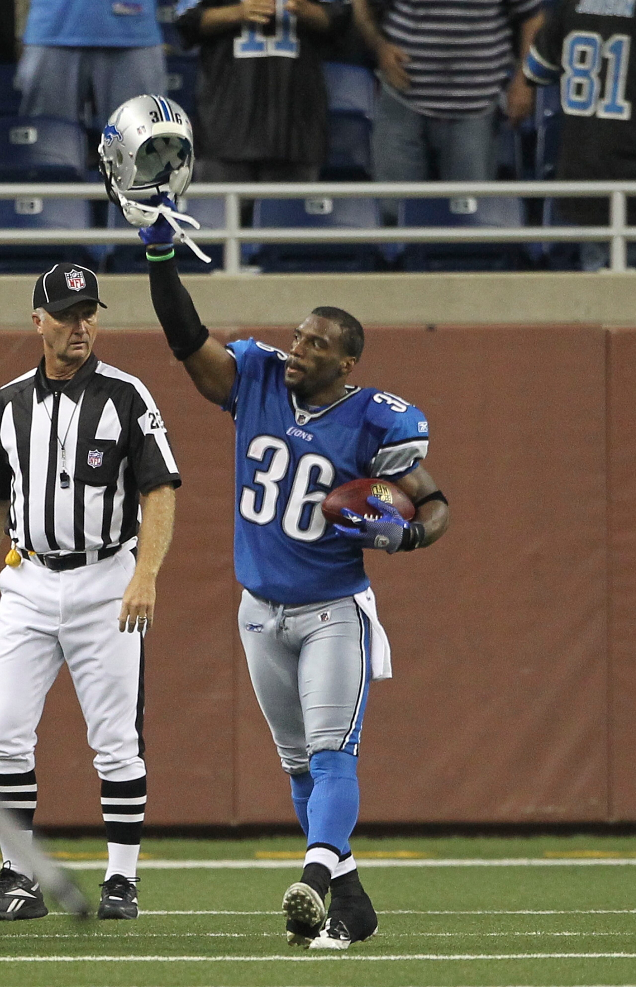 DETROIT - SEPTEMBER 02: Paul Pratt #36 of the Detroit Lions celebrates after intercepting a pass from Levi Brown #10 of the Buffalo Bills and returned it 102 yards for a fourth quarter touchdown during the preseason game at Ford Field on September 2, 201 DETROIT - SEPTEMBER 02: Paul Pratt #36 of the Detroit Lions celebrates after intercepting a pass from Levi Brown #10 of the Buffalo Bills and returned it 102 yards for a fourth quarter touchdown during the preseason game at Ford Field on September 2, 201