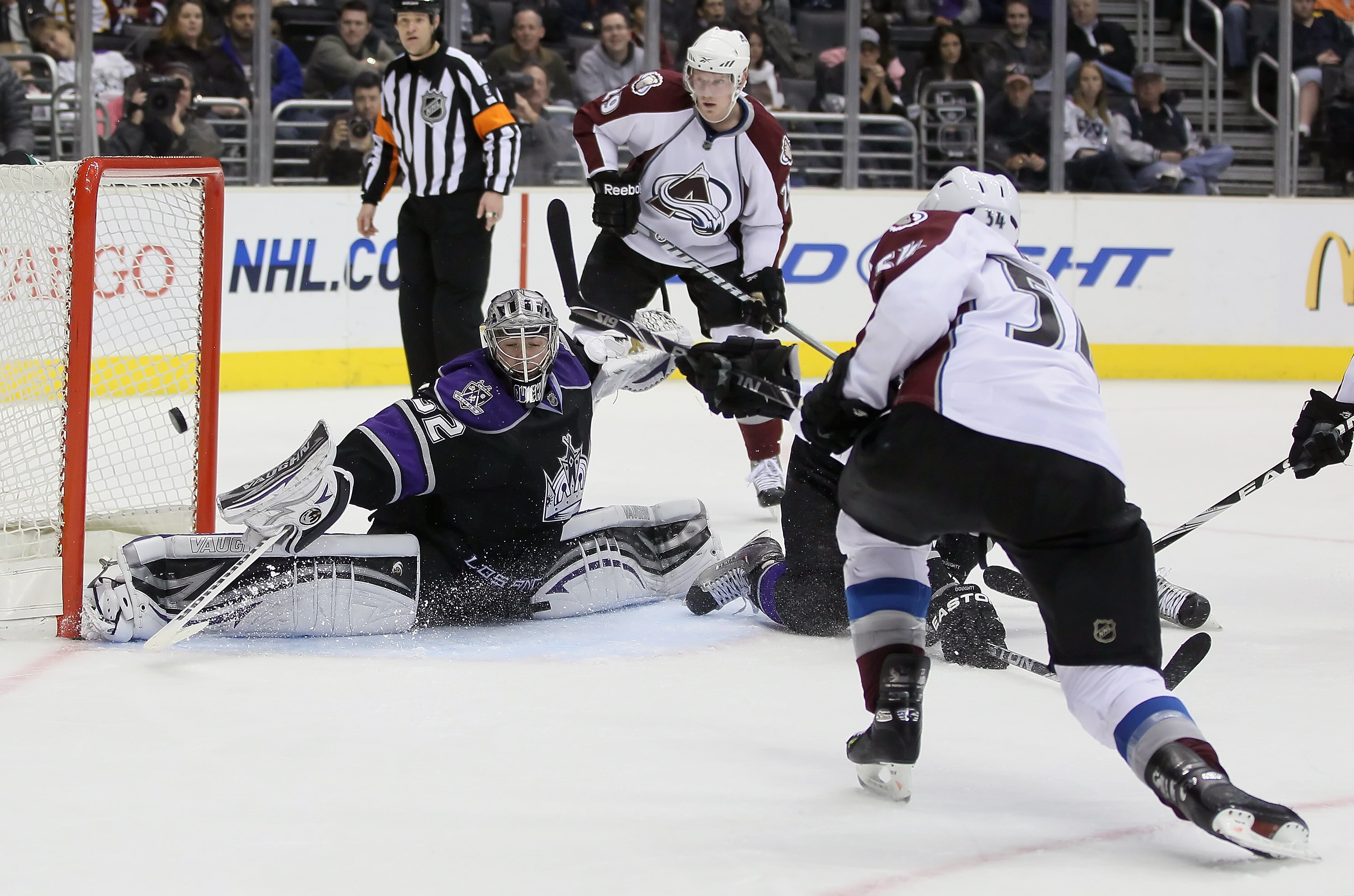 LOS ANGELES, CA - FEBRUARY 26:  David Jones #54 of the Colorado Avalanche shoots the puck past goaltender Jonathan Quick #32 of Los Angeles Kings for a goal in the third period at Staples Center on February 26, 2011 in Los Angeles, California. The Kings d
