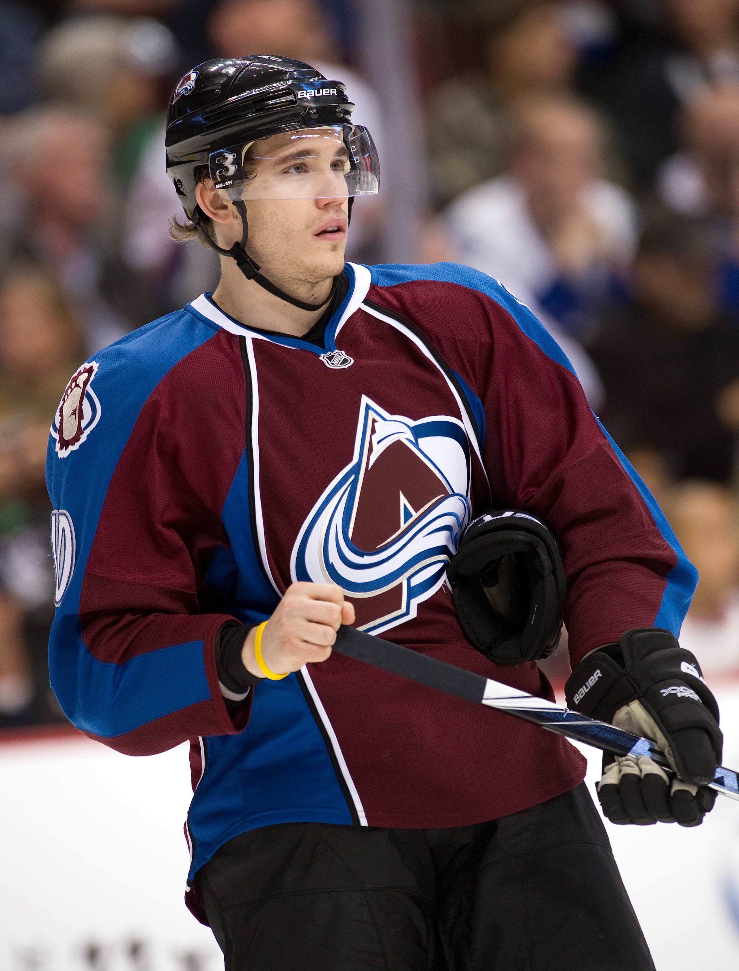 VANCOUVER, CANADA - OCTOBER 26: Kyle Cumiskey #10 of the Colorado Avalanche waits for the start of NHL action against the Vancouver Canucks on October 26, 2010 at Rogers Arena in Vancouver, British Columbia, Canada.  (Photo by Rich Lam/Getty Images)