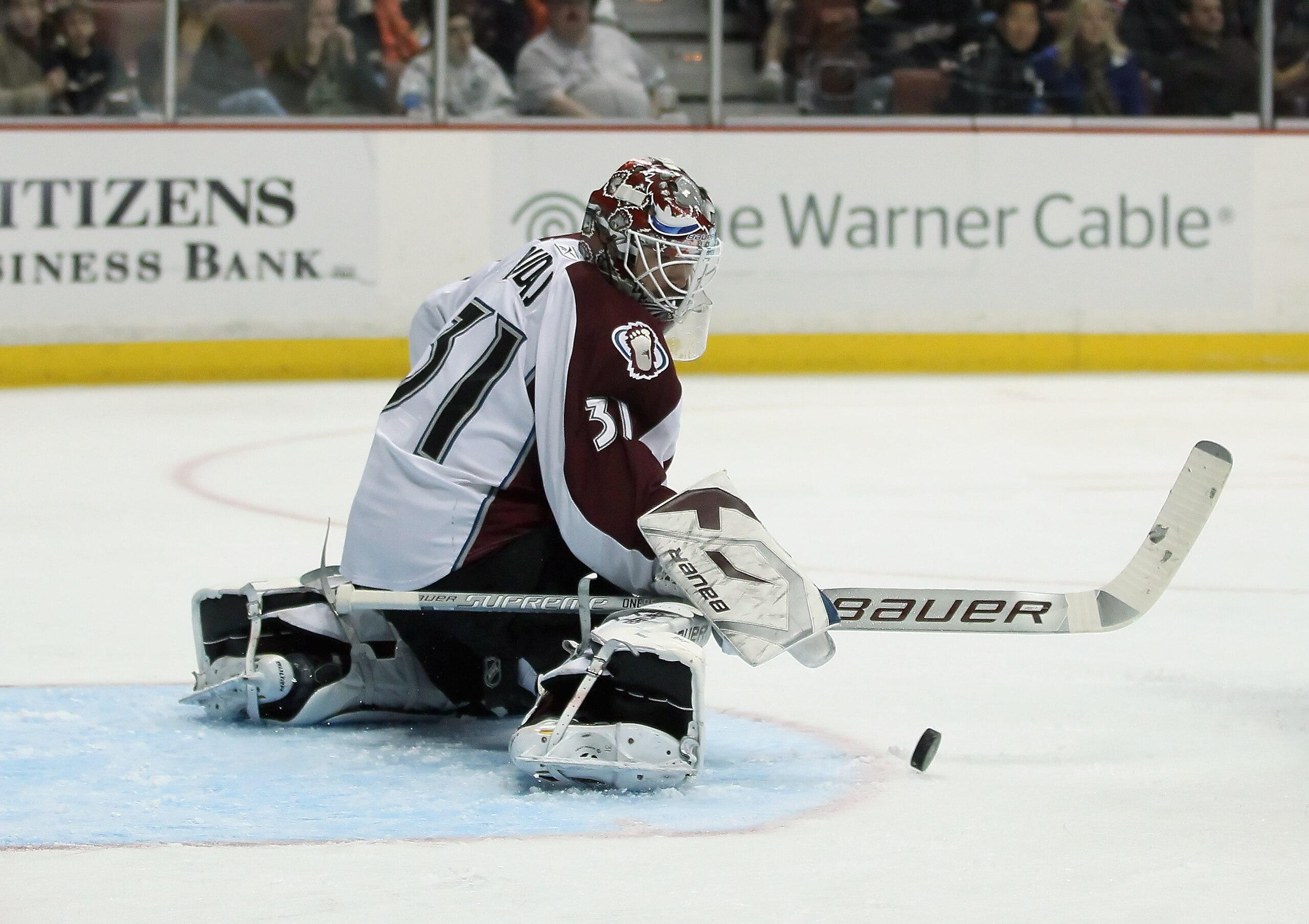 ANAHEIM, CA - FEBRUARY 27:  Goaltender Peter Budaj #31 of the Colorado Avalanche makes a save against the Anaheim Ducks at Honda Center on February 27, 2011 in Anaheim, California.  (Photo by Jeff Gross/Getty Images)