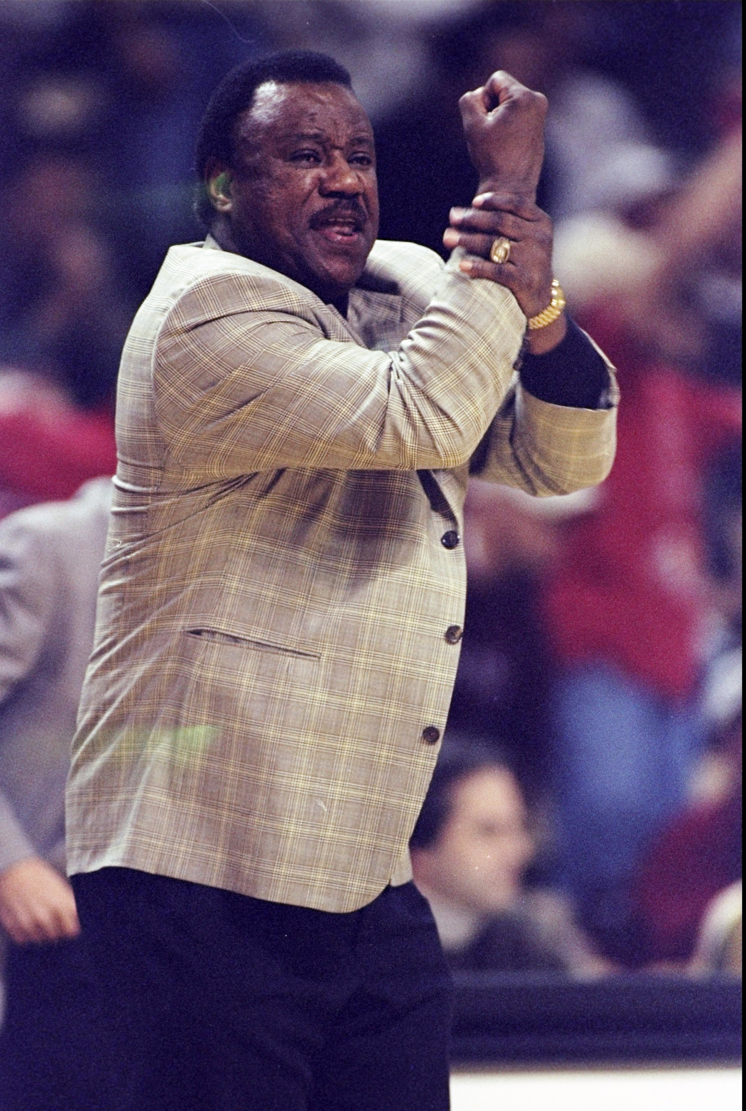 23 Dec 1998:  Head coach Nolan Richardson of the Arkansas Razorbacks looks on during the game against the Wake Forest Demon Deacons at the Lawrence Joel Coliseum in Winston-Salem, North Carolina.  Arkansas defeated Wake Forest 75-59. Mandatory Credit: Eri