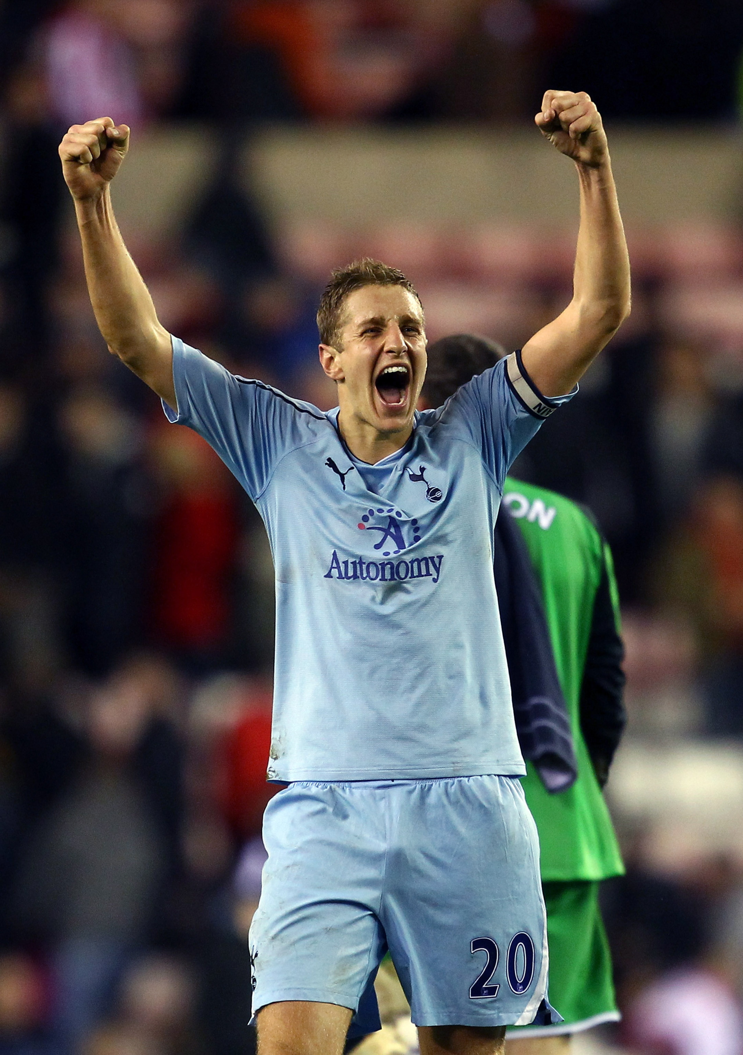SUNDERLAND, ENGLAND - FEBRUARY 12:  Michael Dawson of Spurs celebrates defeating Sunderland after the Barclays Premier League match between Sunderland and Tottenham Hotspur at the Stadium of Light on February 12, 2011 in Sunderland, England.  (Photo by Ju