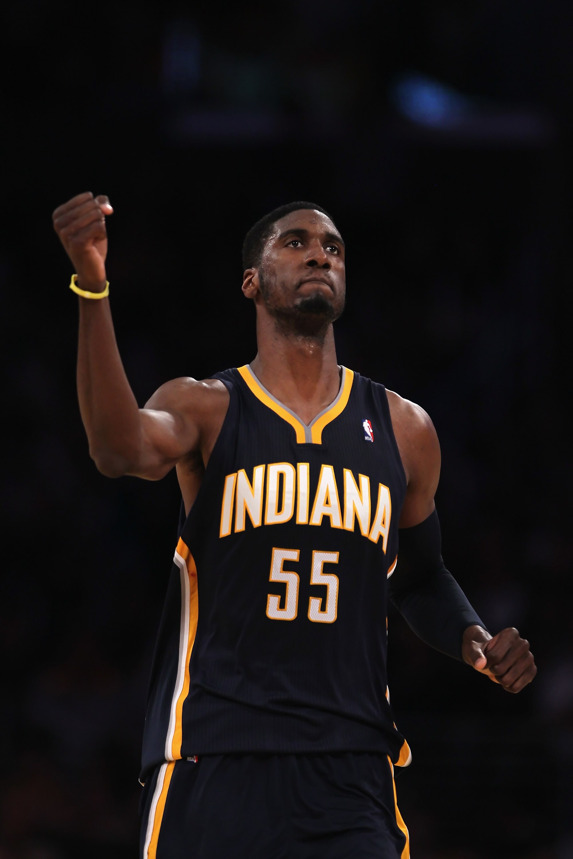 LOS ANGELES, CA - NOVEMBER 28:  Roy Hibbert #55 of the Indiana Pacers celebrates after making a basket late in the fourth quarter against the Los Angeles Lakers at Staples Center on November 28, 2010 in Los Angeles, California. The Pacers defeated the Lak