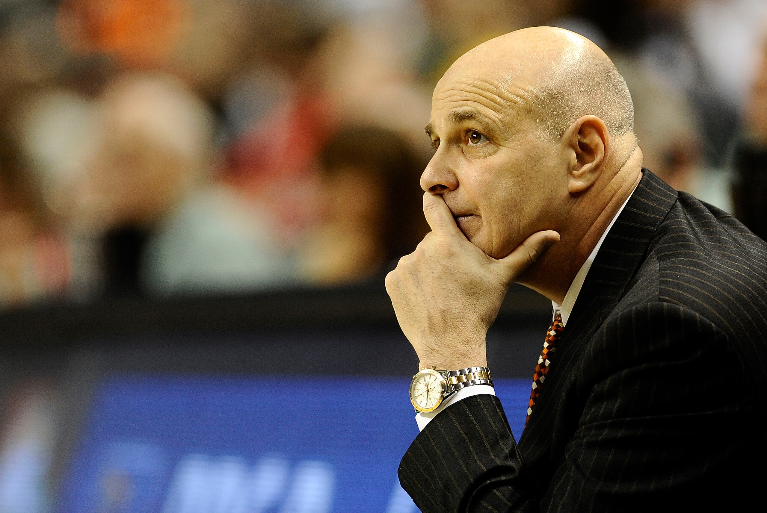 GREENSBORO, NC - MARCH 12:  Seth Greenberg, head coach of the Virginia Tech Hokies on the sidelines against the University of Miami Hurricanes in their quarterfinal game in the 2010 ACC Men's Basketball Tournament at the Greensboro Coliseum on March 12, 2
