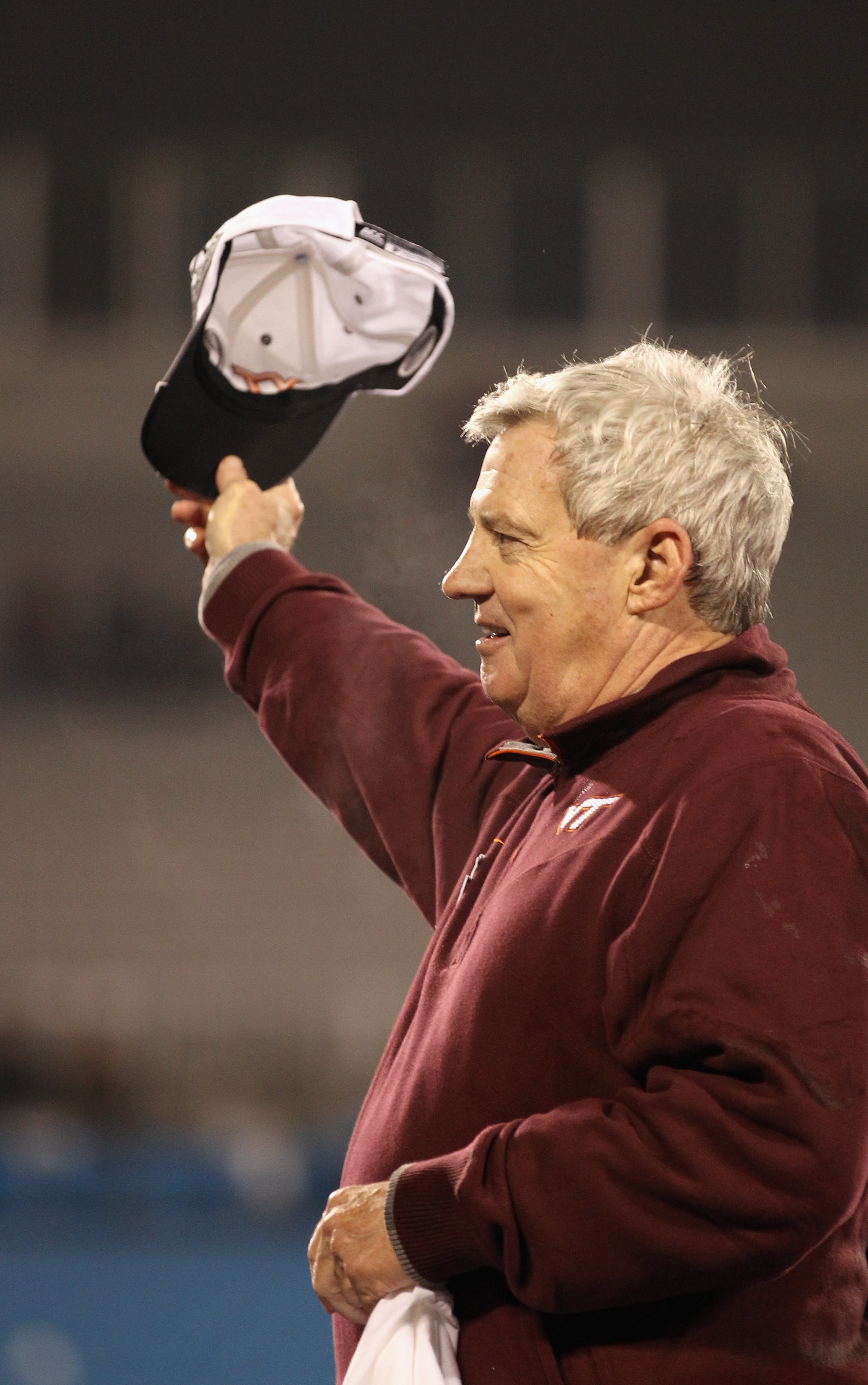 CHARLOTTE, NC - DECEMBER 04: Head coach Frank Beamer of the Virginia Tech Hokies waves to fans as he celebrates winning the ACC Championship 44-33 at Bank of America Stadium on December 4, 2010 in Charlotte, North Carolina. (Photo by Streeter Lecka/Gett CHARLOTTE, NC - DECEMBER 04: Head coach Frank Beamer of the Virginia Tech Hokies waves to fans as he celebrates winning the ACC Championship 44-33 at Bank of America Stadium on December 4, 2010 in Charlotte, North Carolina. (Photo by Streeter Lecka/Gett