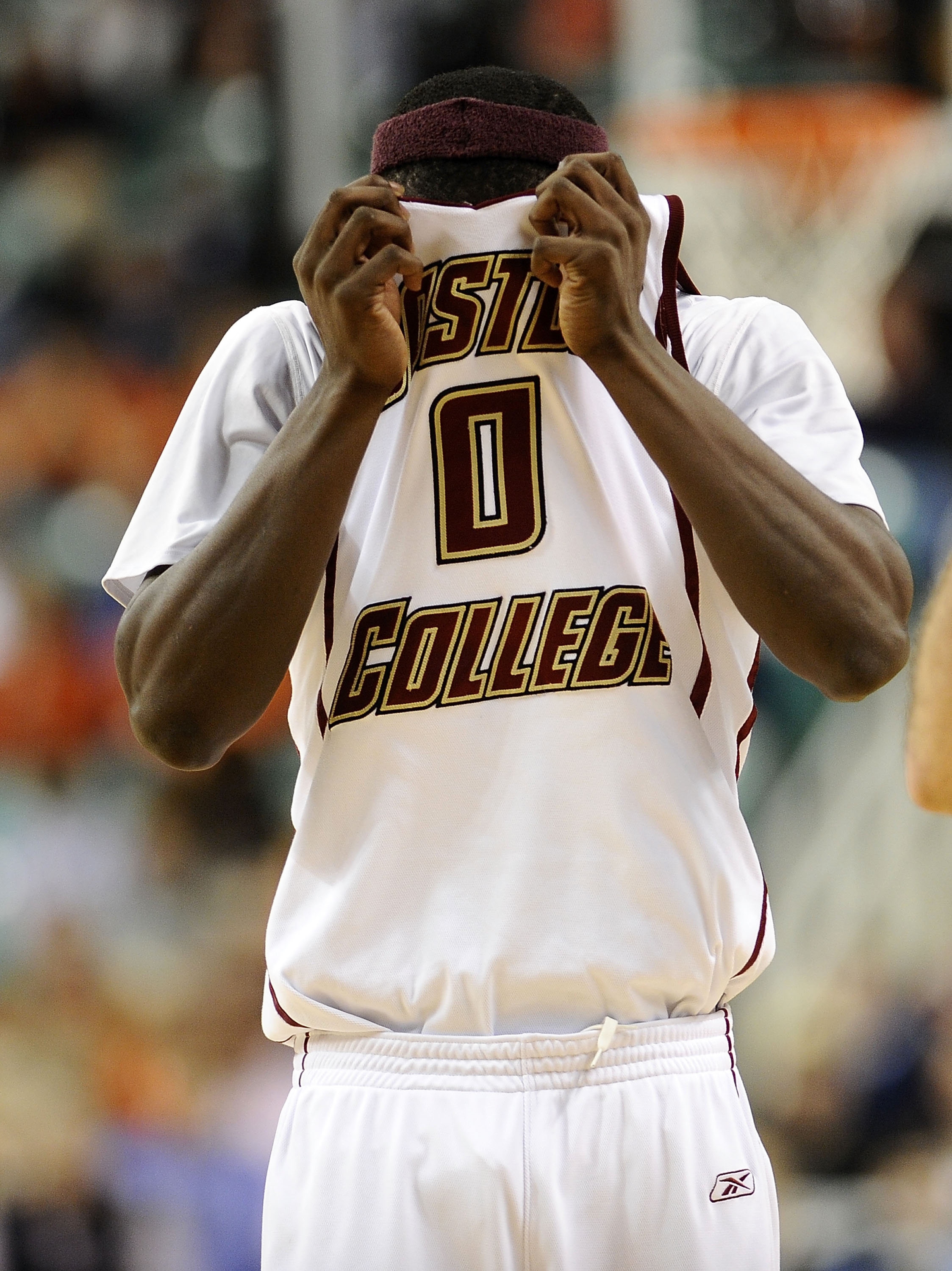 GREENSBORO, NC - MARCH 11:  Reggie Jackson #0 of the Boston College Eagles wipes his face during the first half against the University of Virginia Cavaliers in their first round game in the 2010 ACC Men's Basketball Tournament at the Greensboro Coliseum o